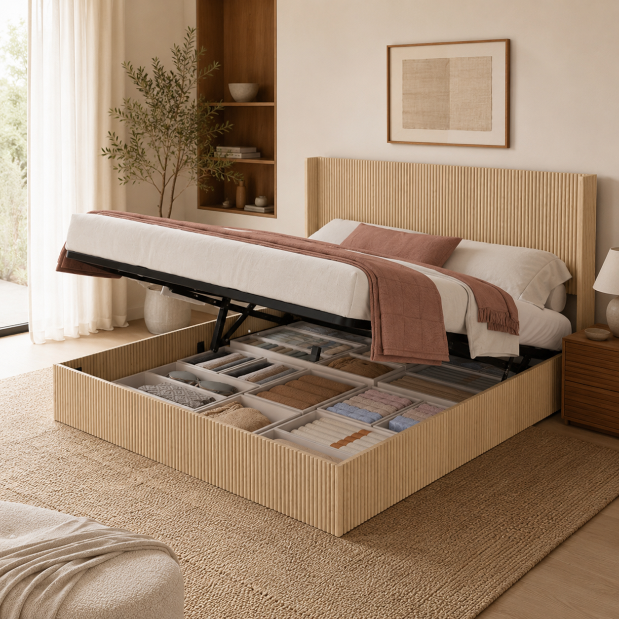Noria Wood King Lift-Up Storage Bed with Fluted Headboard