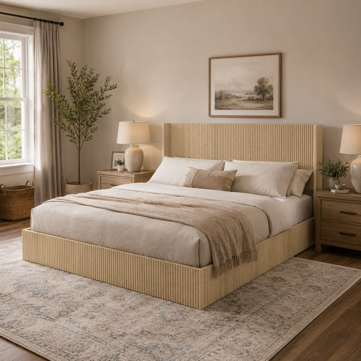 Noria Wood King Lift-Up Storage Bed with Fluted Headboard