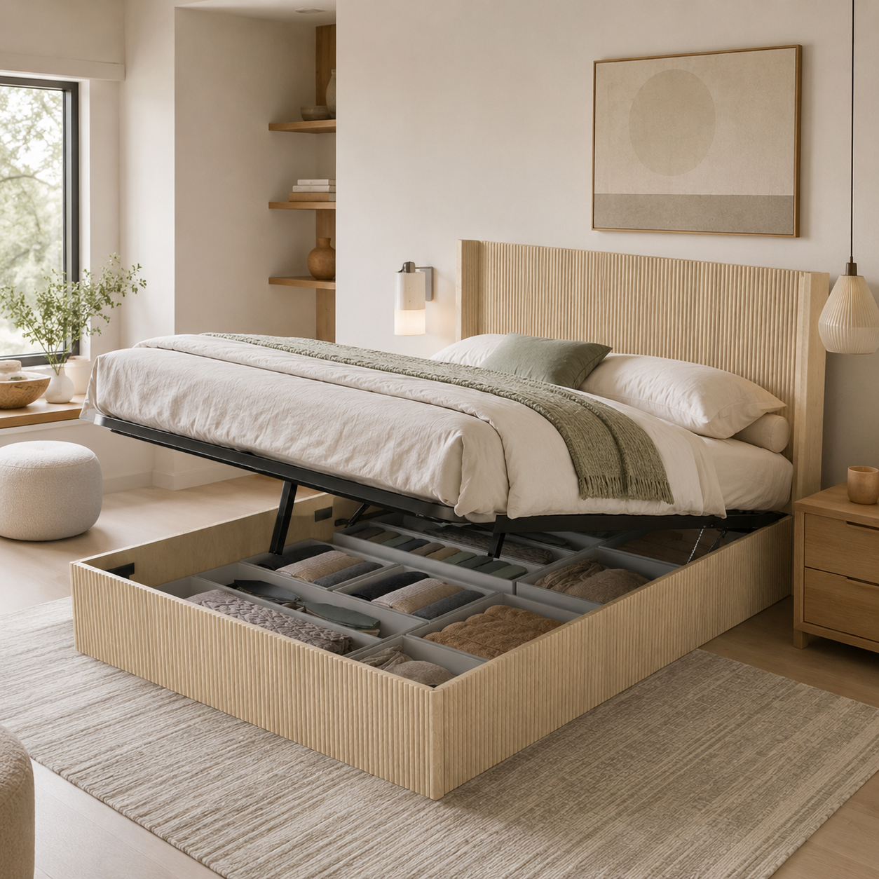 Noria Wood Queen Lift-Up Storage Bed with Fluted Headboard