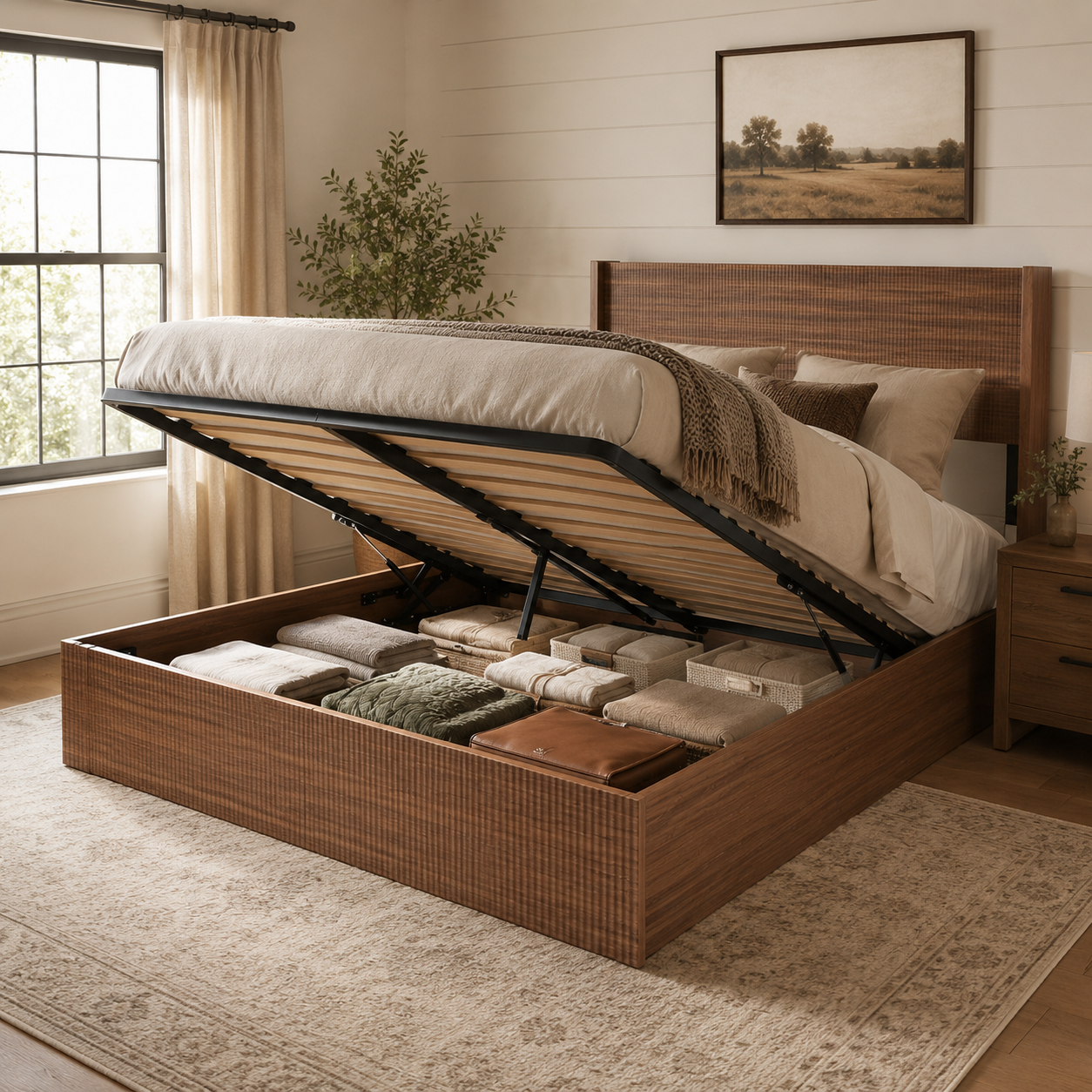 Noria Wood Queen Lift-Up Storage Bed with Fluted Headboard