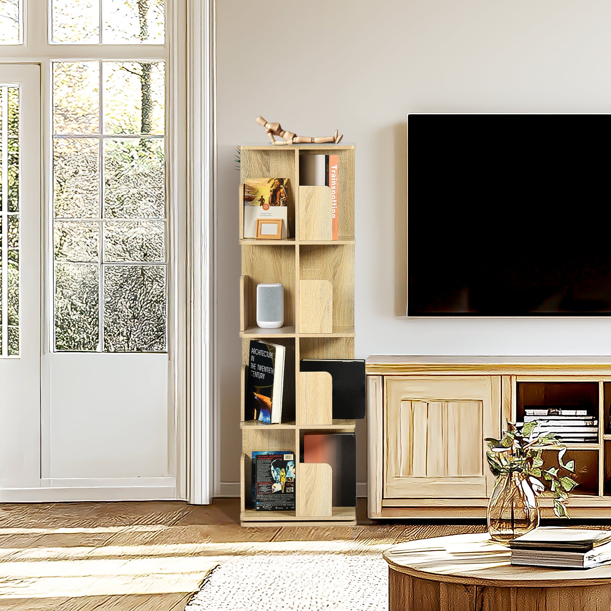OLIVA 4-Tire Oak Rotating Bookshelf for Storage and Display