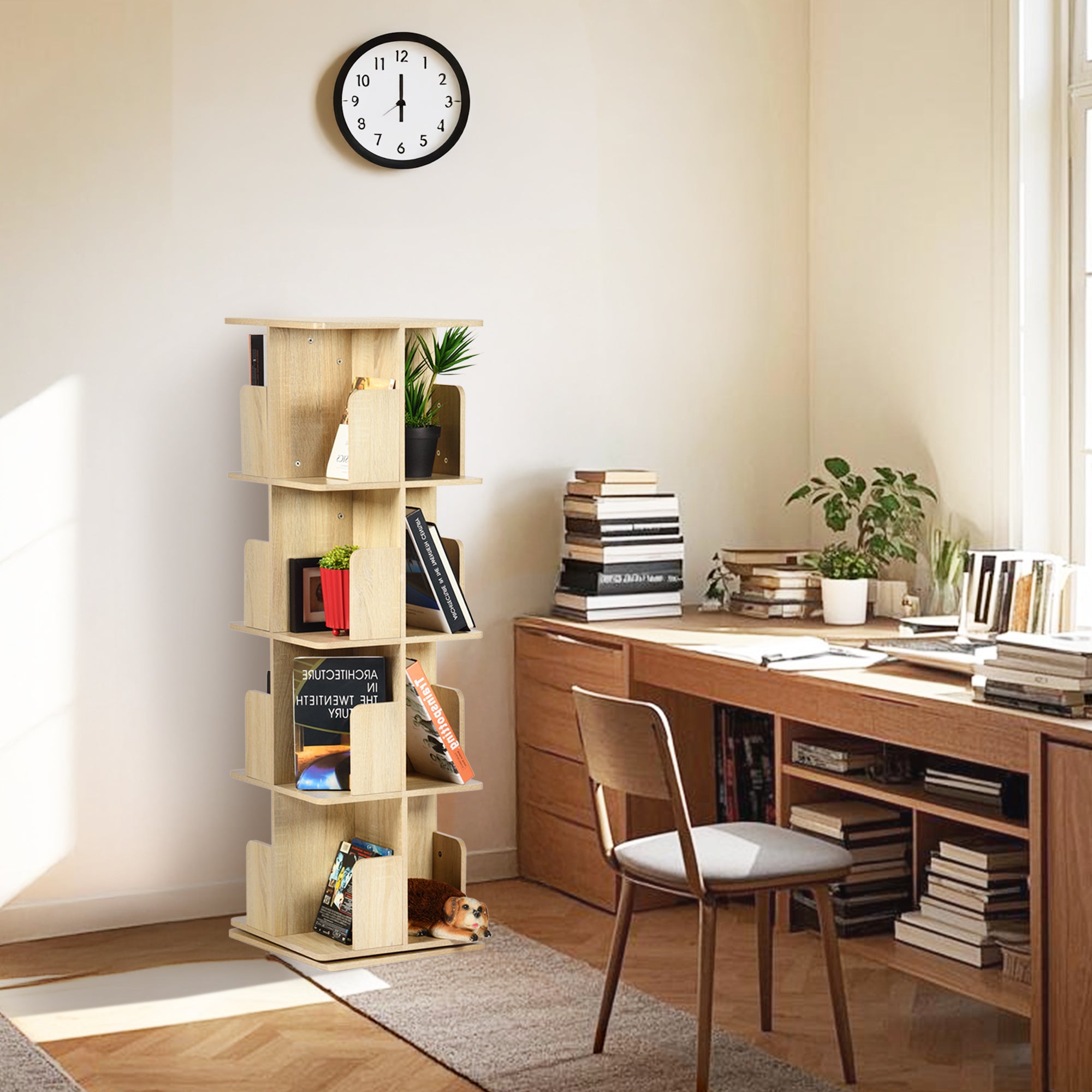 OLIVA 4-Tire Oak Rotating Bookshelf for Storage and Display