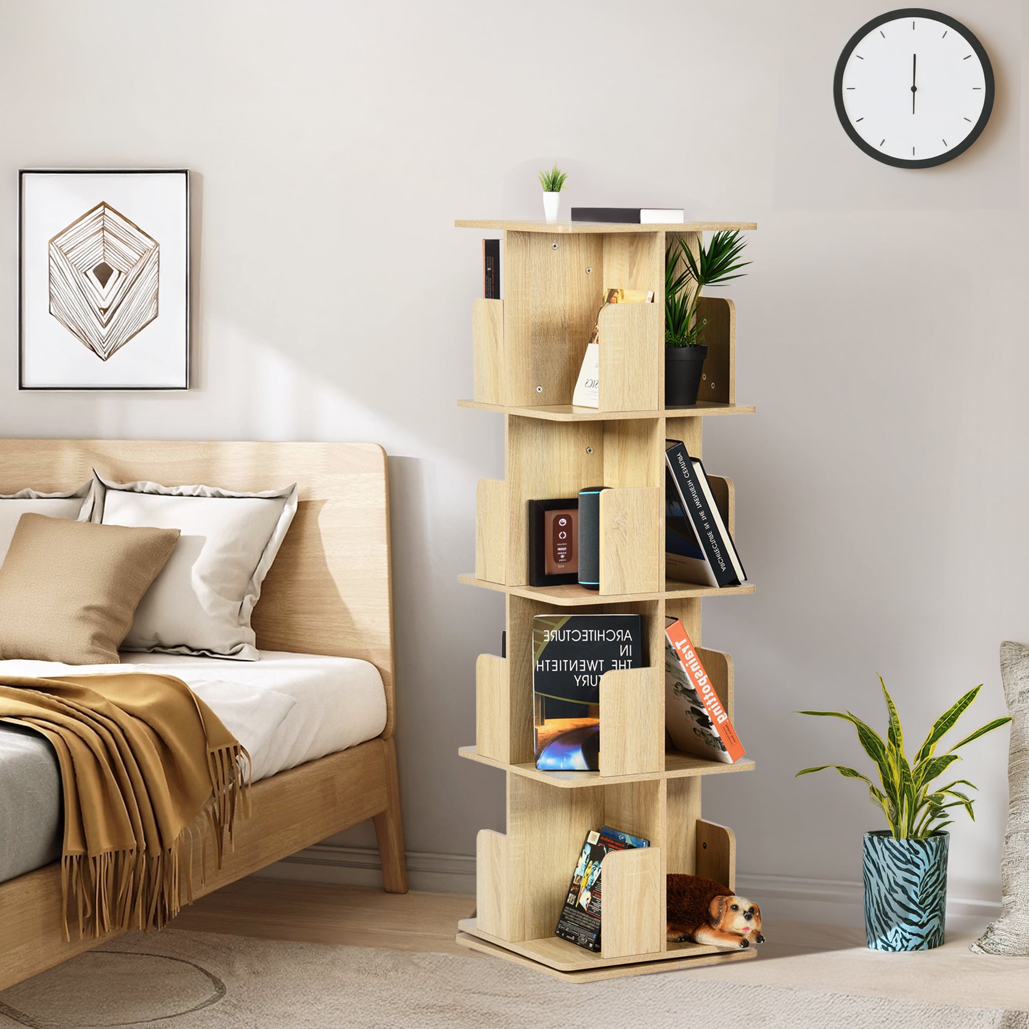Homy Casa OLIVA 4-Tire Oak Rotating Bookstand Shelf for Storage and Display
