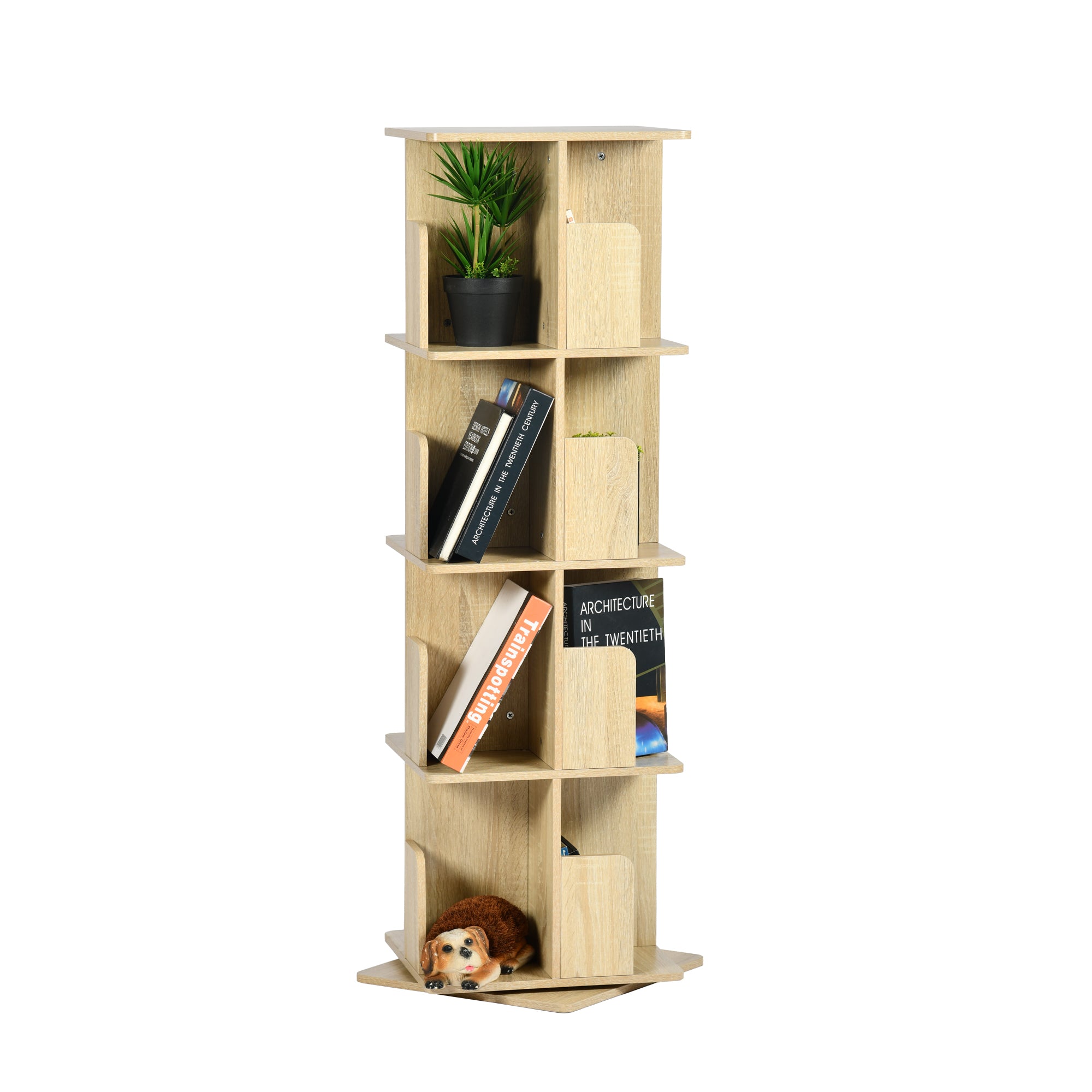 OLIVA 4-Tire Oak Rotating Bookshelf for Storage and Display