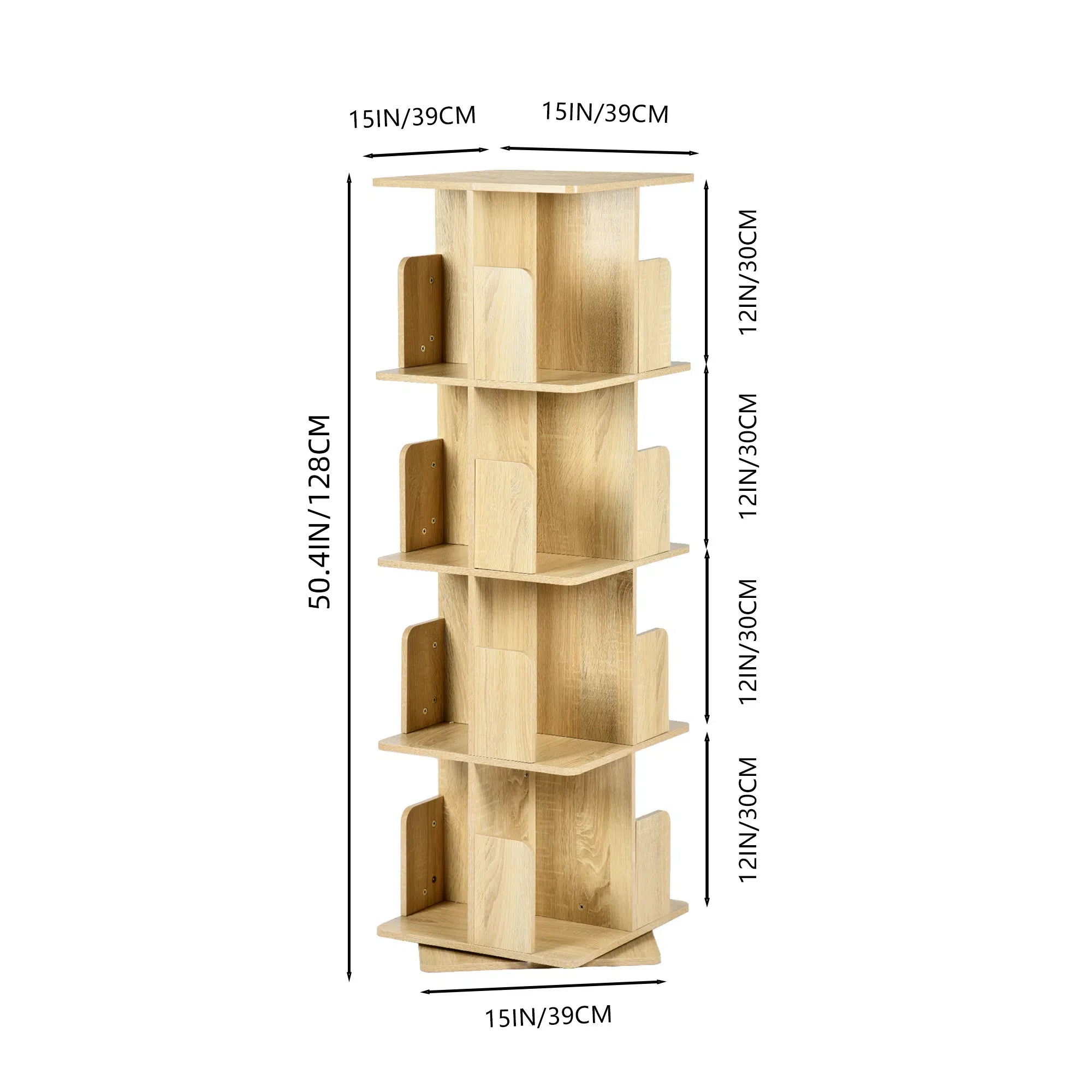 Homy Casa OLIVA 4-Tire Oak Rotating Bookstand Shelf for Storage and Display