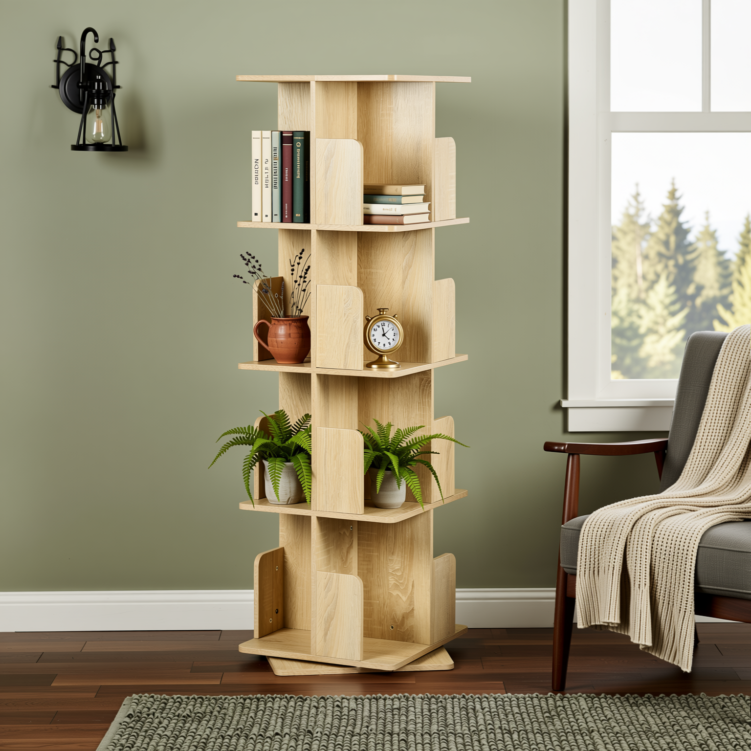Homy Casa OLIVA 4-Tire Oak Rotating Bookstand Shelf for Storage and Display