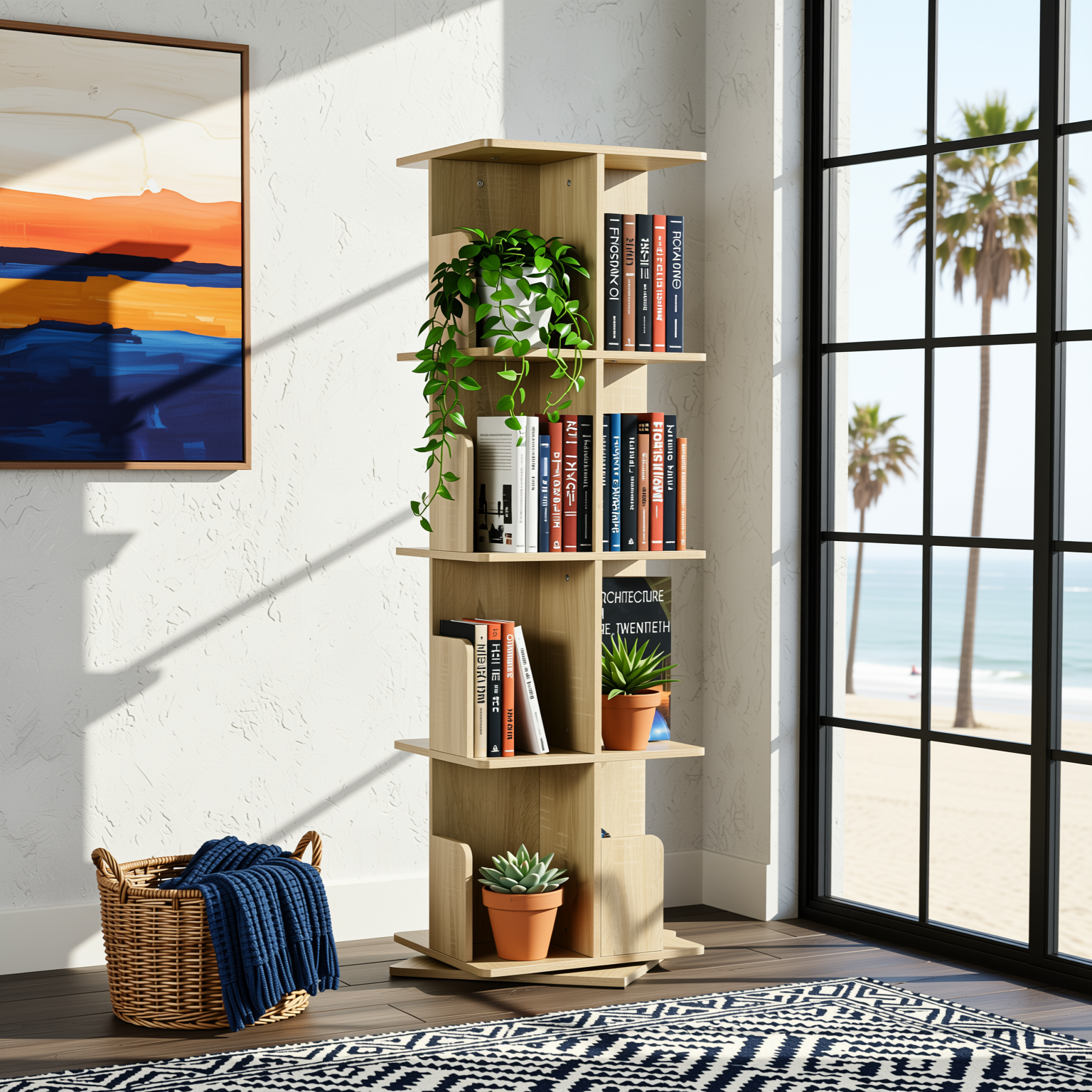OLIVA 4-Tire Oak Rotating Bookshelf for Storage and Display