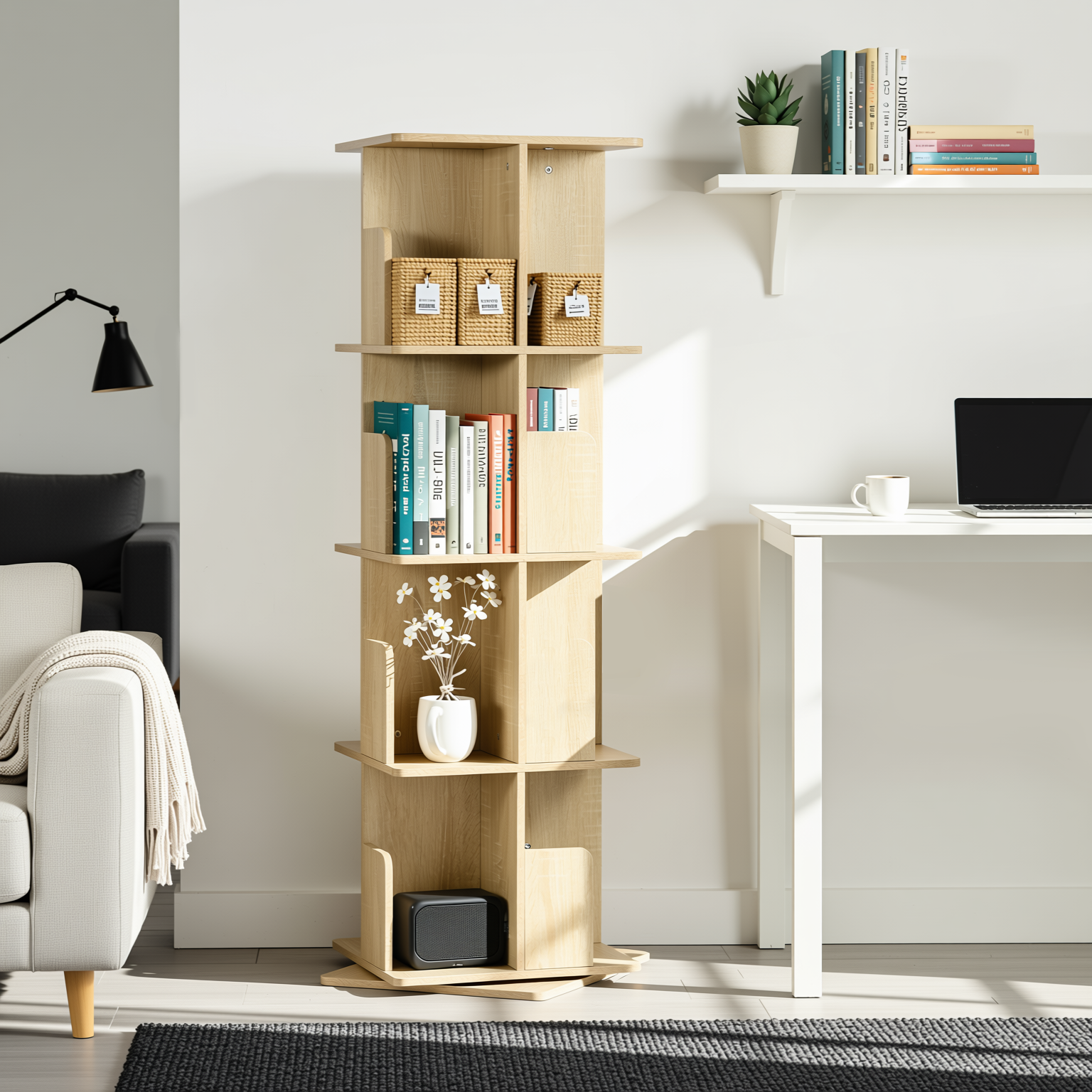OLIVA 4-Tire Oak Rotating Bookshelf for Storage and Display