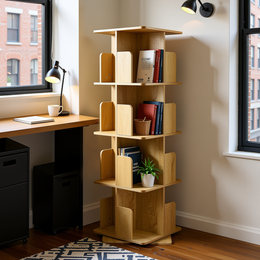 OLIVA 4-Tire Oak Rotating Bookshelf for Storage and Display