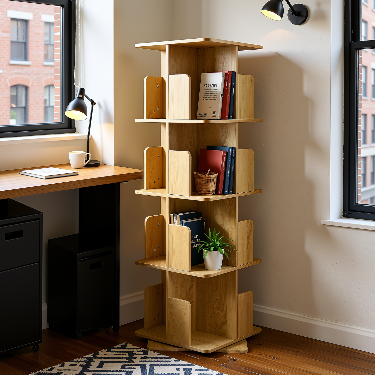 Homy Casa OLIVA 4-Tire Oak Rotating Bookstand Shelf for Storage and Display
