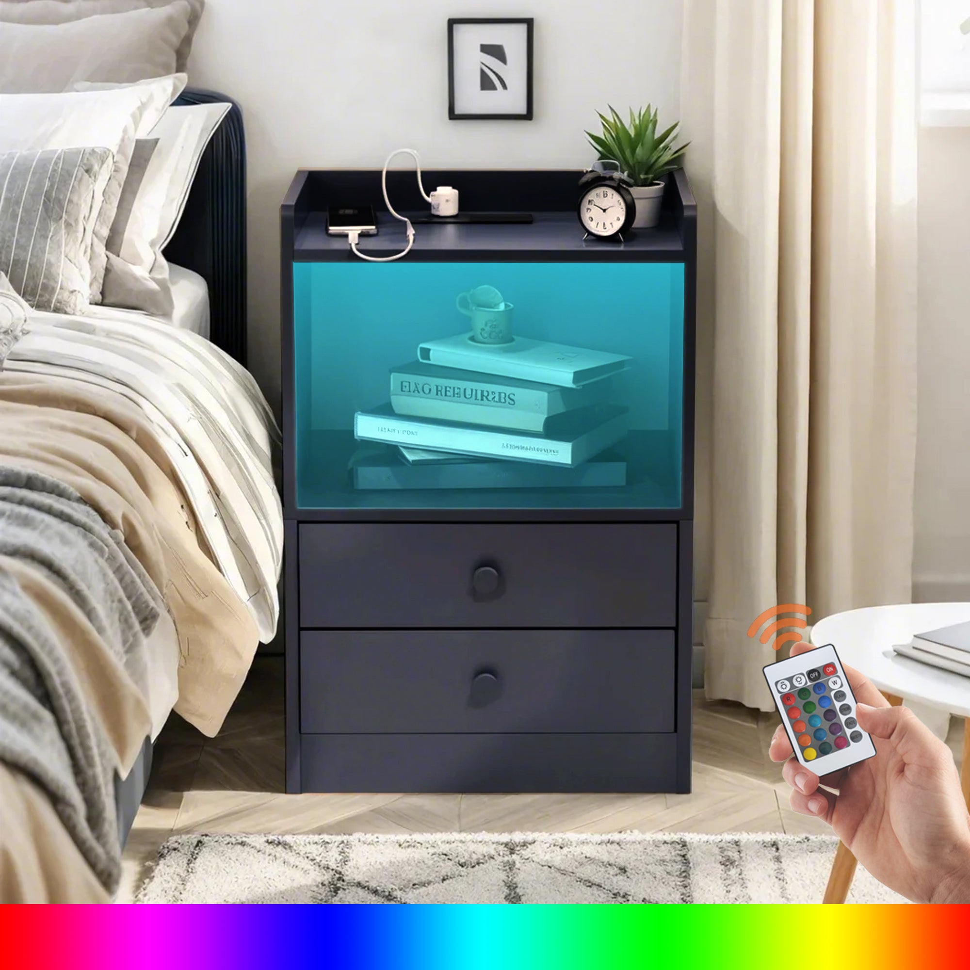 ORNN 22”x15” Led Lighting Nightstand with Charging Station, 2 Drawers, Open Shelf, Cable Port, Small Bedside Table, Black