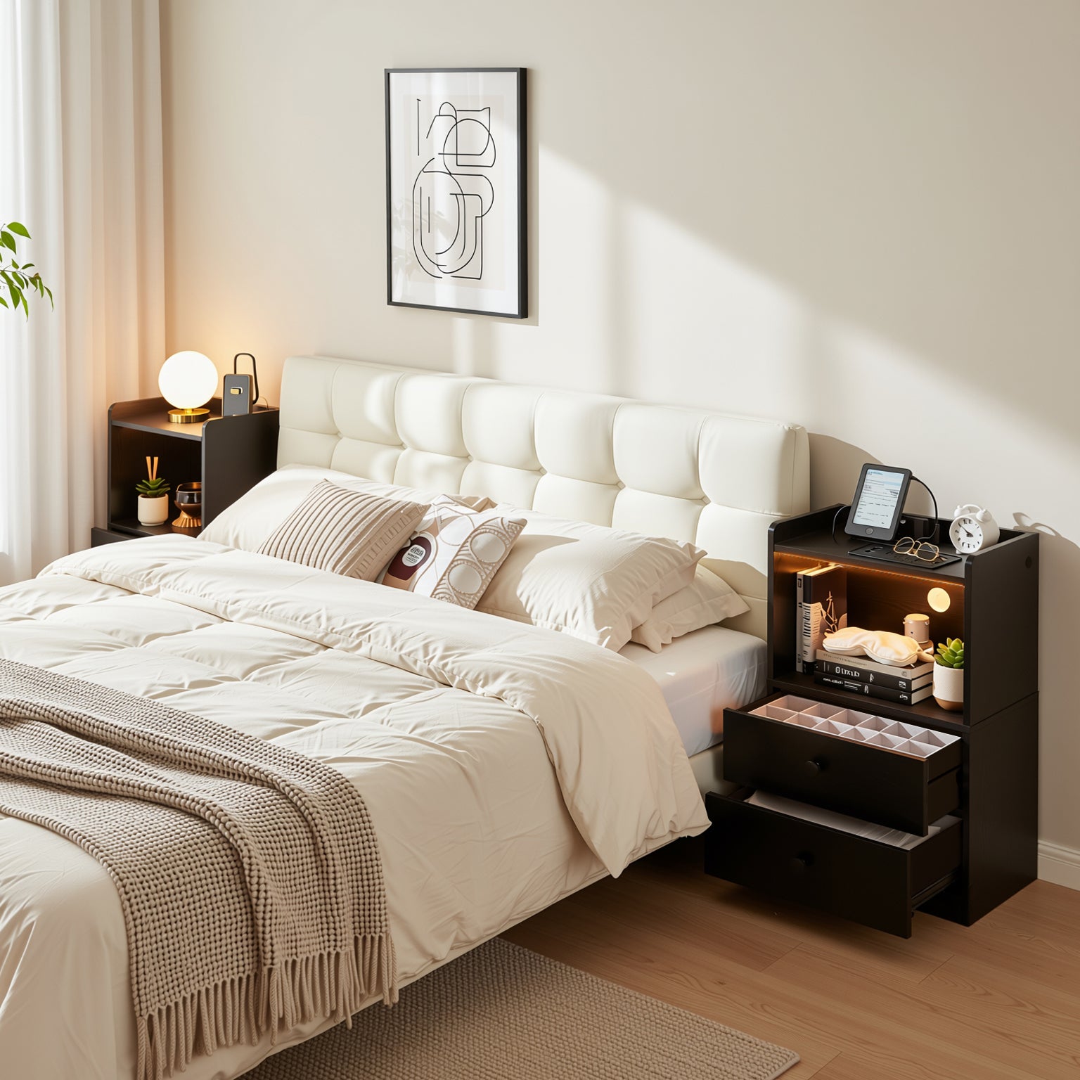 ORNN 22”x15” Led Lighting Nightstand with Charging Station, 2 Drawers, Open Shelf, Cable Port, Small Bedside Table, Black