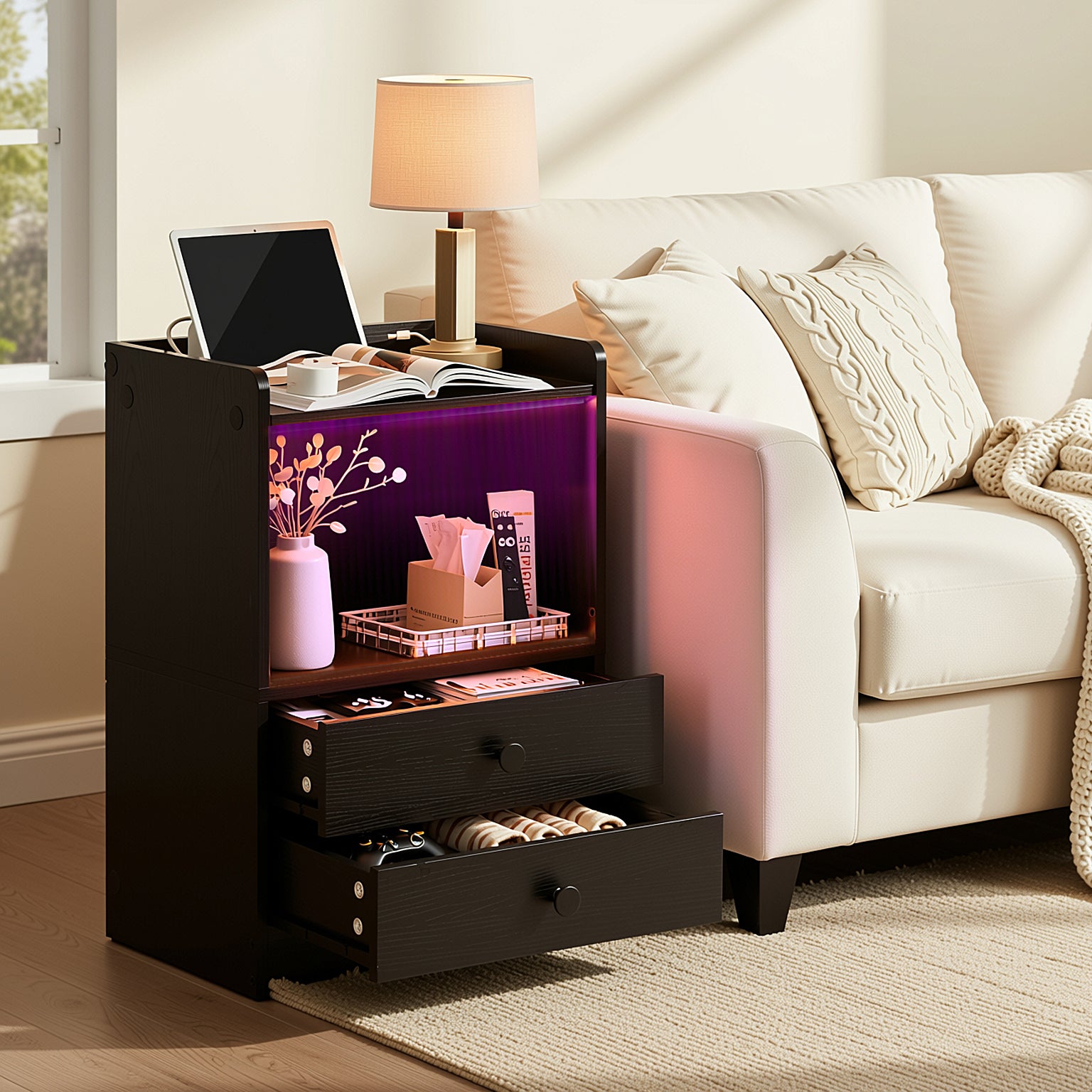 ORNN 22”x15” Led Lighting Nightstand with Charging Station, 2 Drawers, Open Shelf, Cable Port, Small Bedside Table, Black