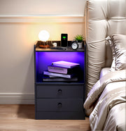 ORNN 22”x15” Led Lighting Nightstand with Charging Station, 2 Drawers, Open Shelf, Cable Port, Small Bedside Table, Black