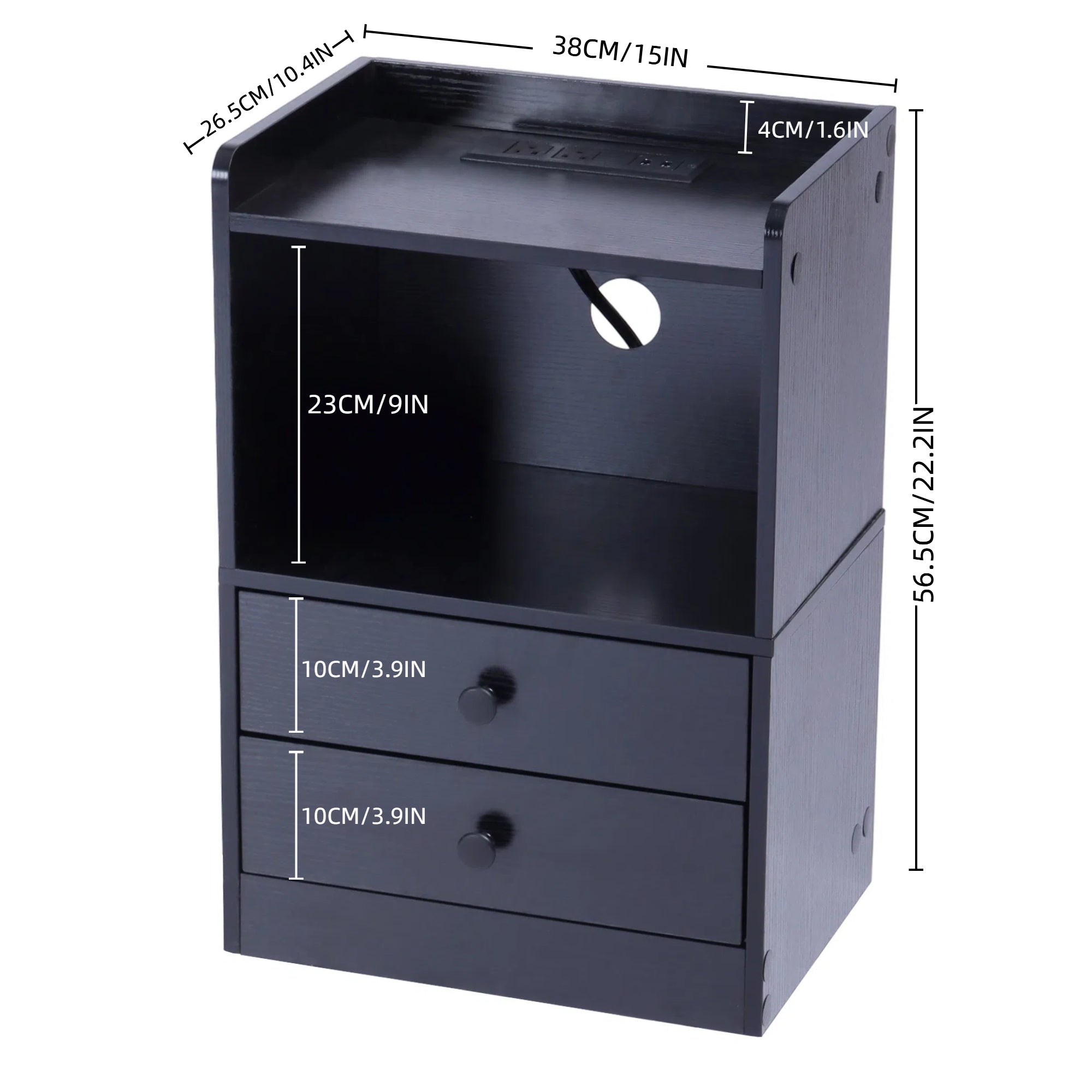 ORNN Nightstand with Charging Station, 2 Drawers, Open Shelf, Cable Port, Small Bedside Table, Black
