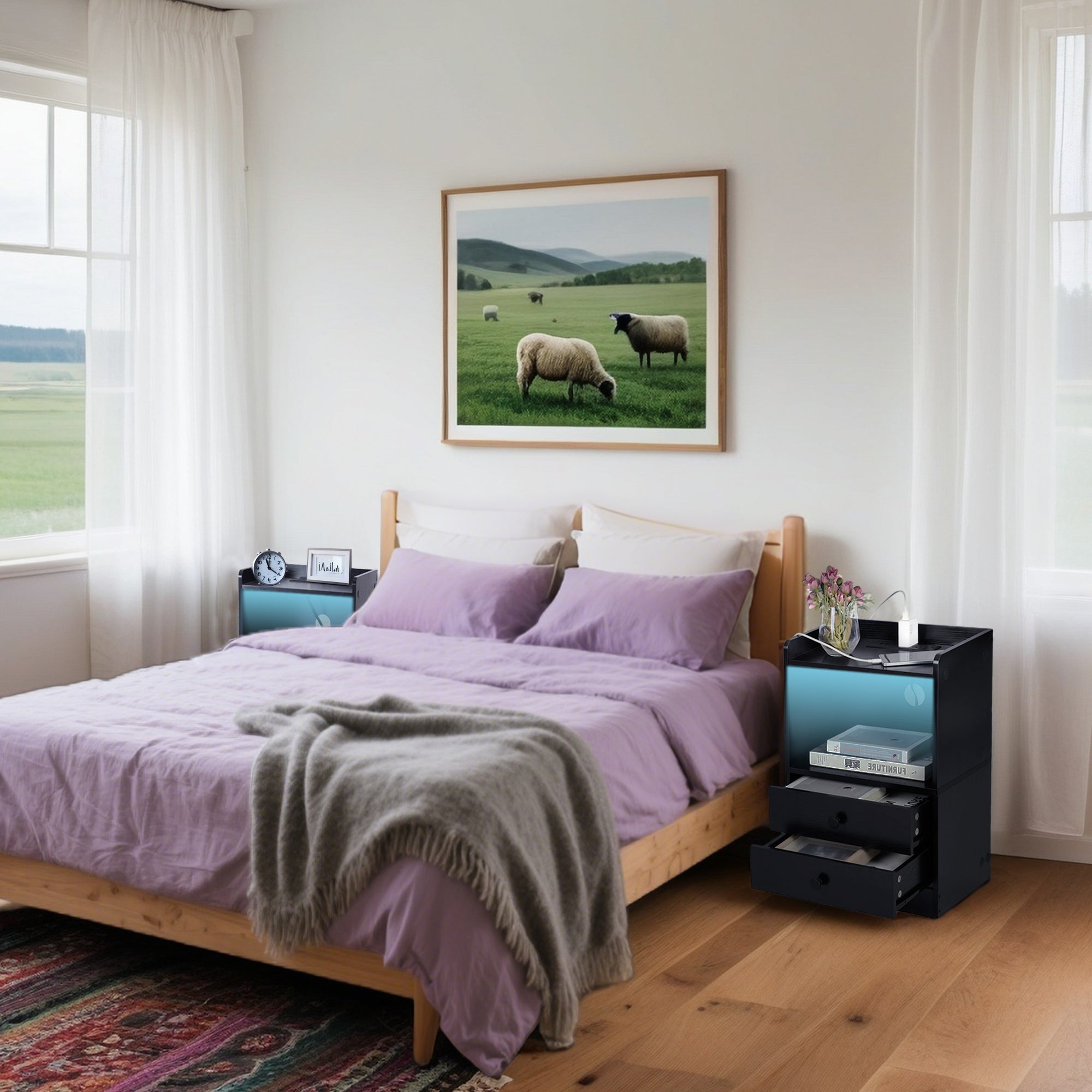 ORNN Nightstand with Charging Station, 2 Drawers, Open Shelf, Cable Port, Small Bedside Table, Black