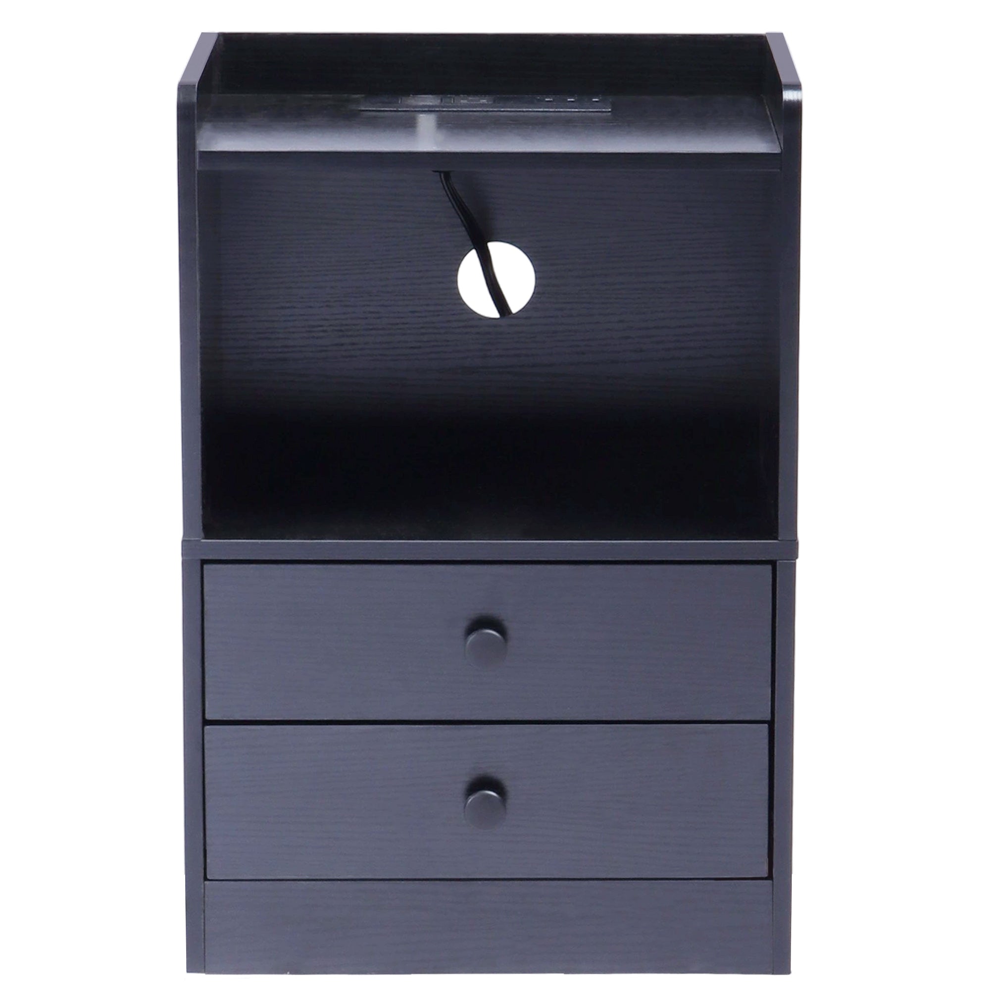 ORNN Nightstand with Charging Station, 2 Drawers, Open Shelf, Cable Port, Small Bedside Table, Black