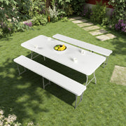 OUKAL 3PC Outdoor Dining Table Set 72” Foldable Table with 2 Yika Folding Benches Portable HDPE White