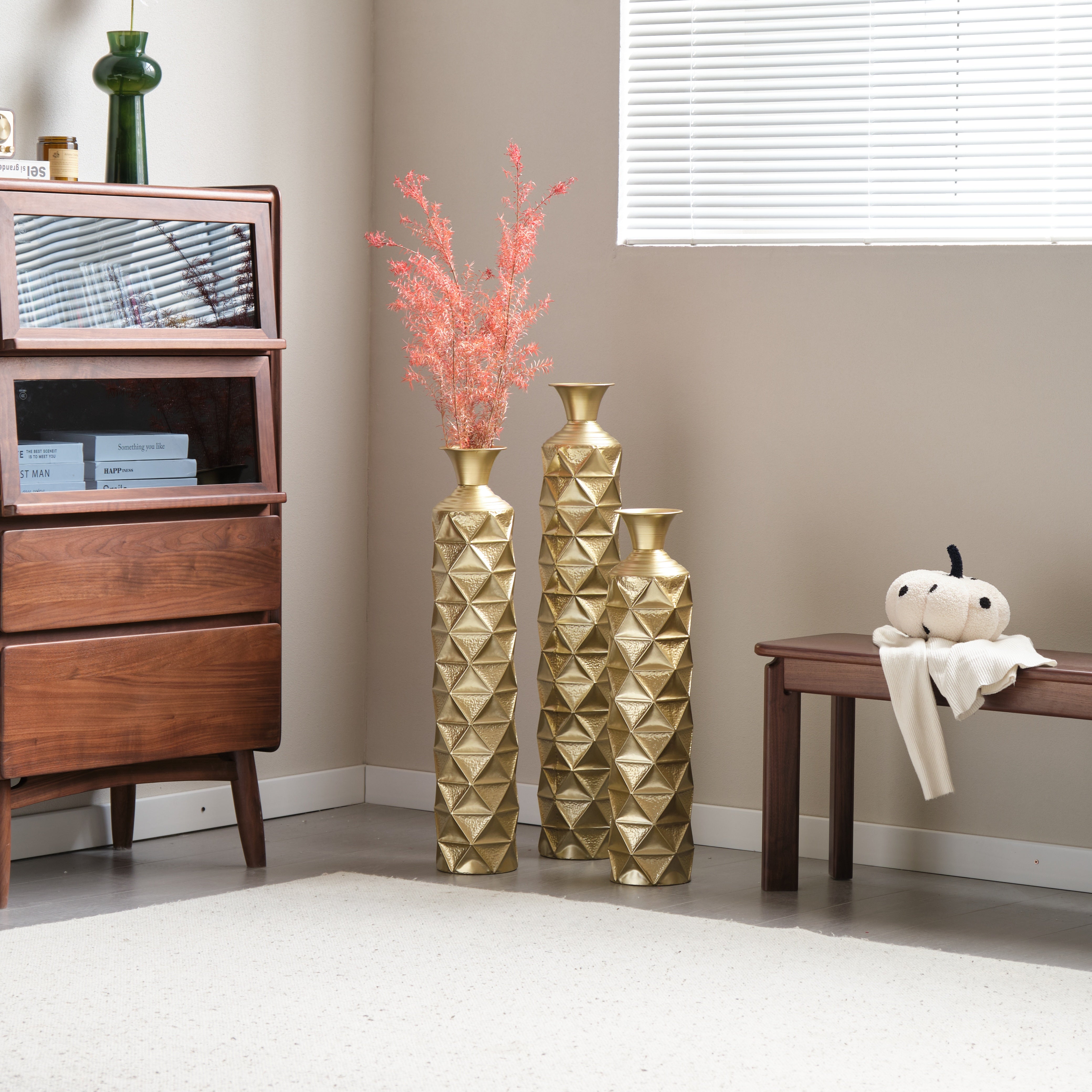 Orion Decorative Metal Vase Set of 3 with 3D Triangle Pattern