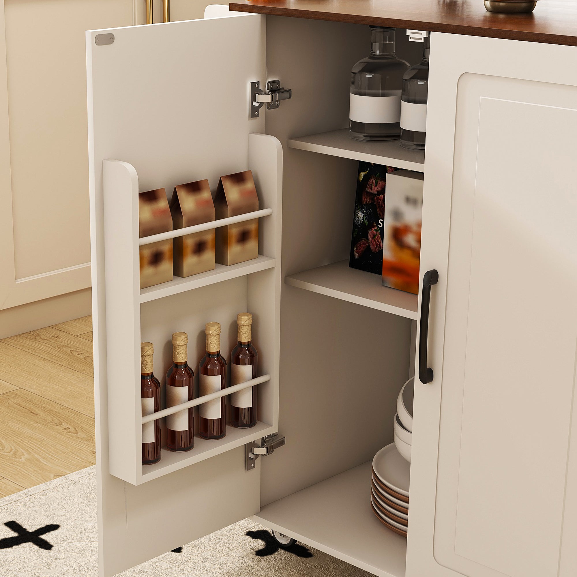 White Kitchen Island Cart with Foldable Tabletop & Drop Leaf - Mobile Breakfast Bar