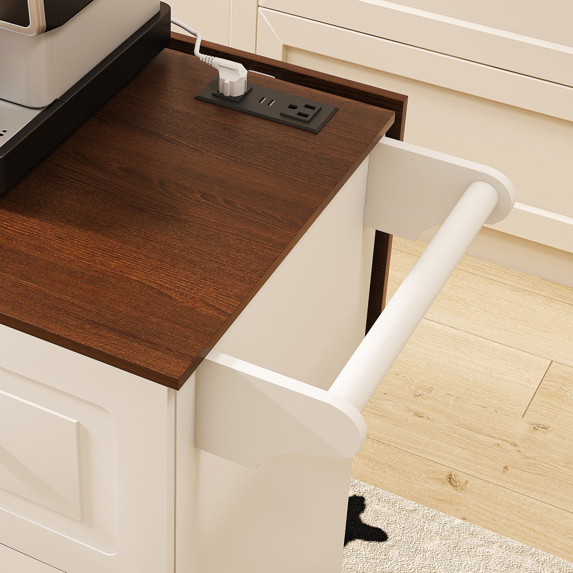 White Kitchen Island Cart with Foldable Tabletop & Drop Leaf - Mobile Breakfast Bar