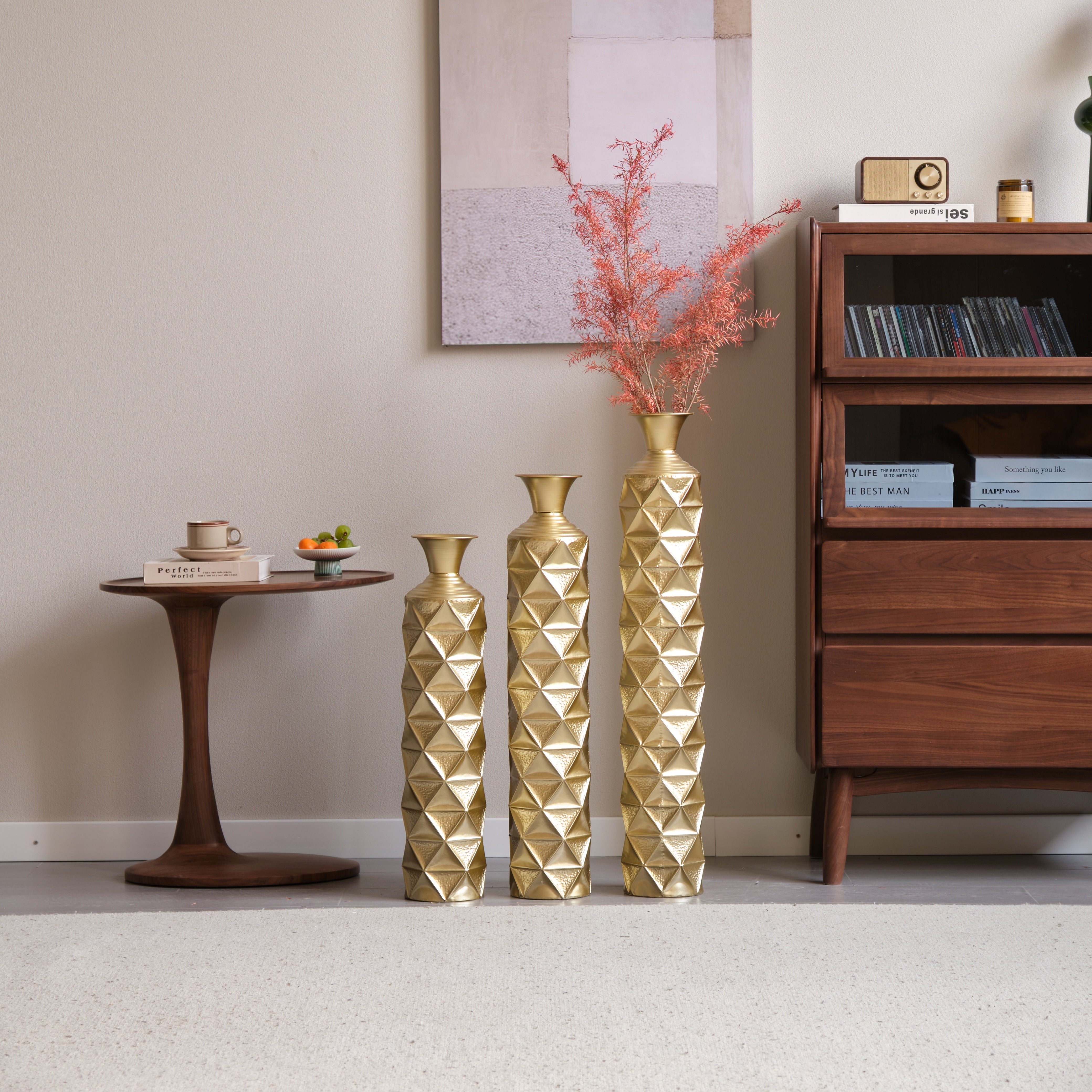 Orion Decorative Metal Vase Set of 3 with 3D Triangle Pattern