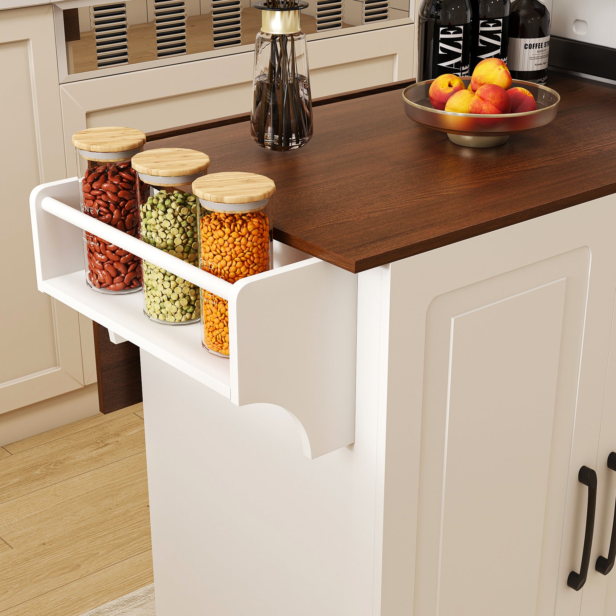 White Kitchen Island Cart with Foldable Tabletop & Drop Leaf - Mobile Breakfast Bar