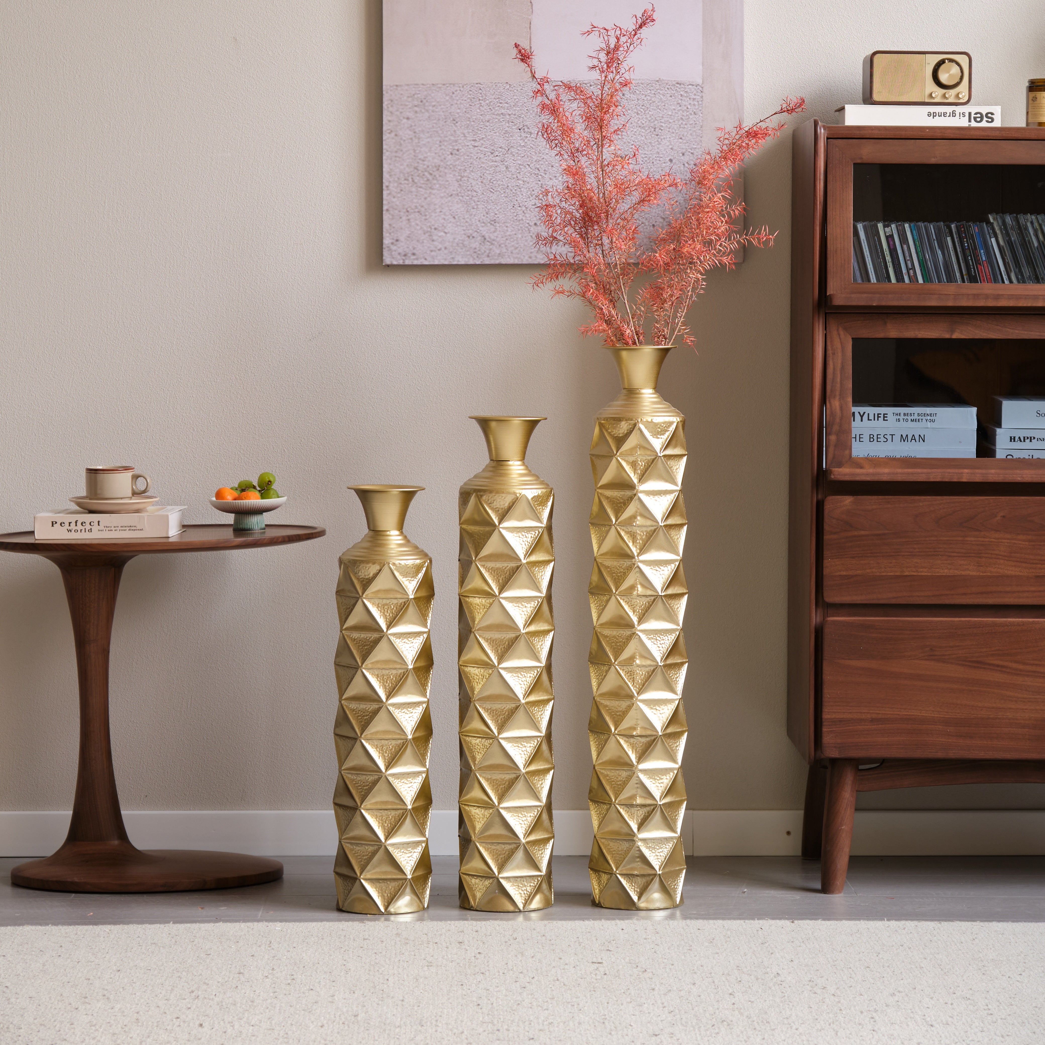 Orion Decorative Metal Vase Set of 3 with 3D Triangle Pattern