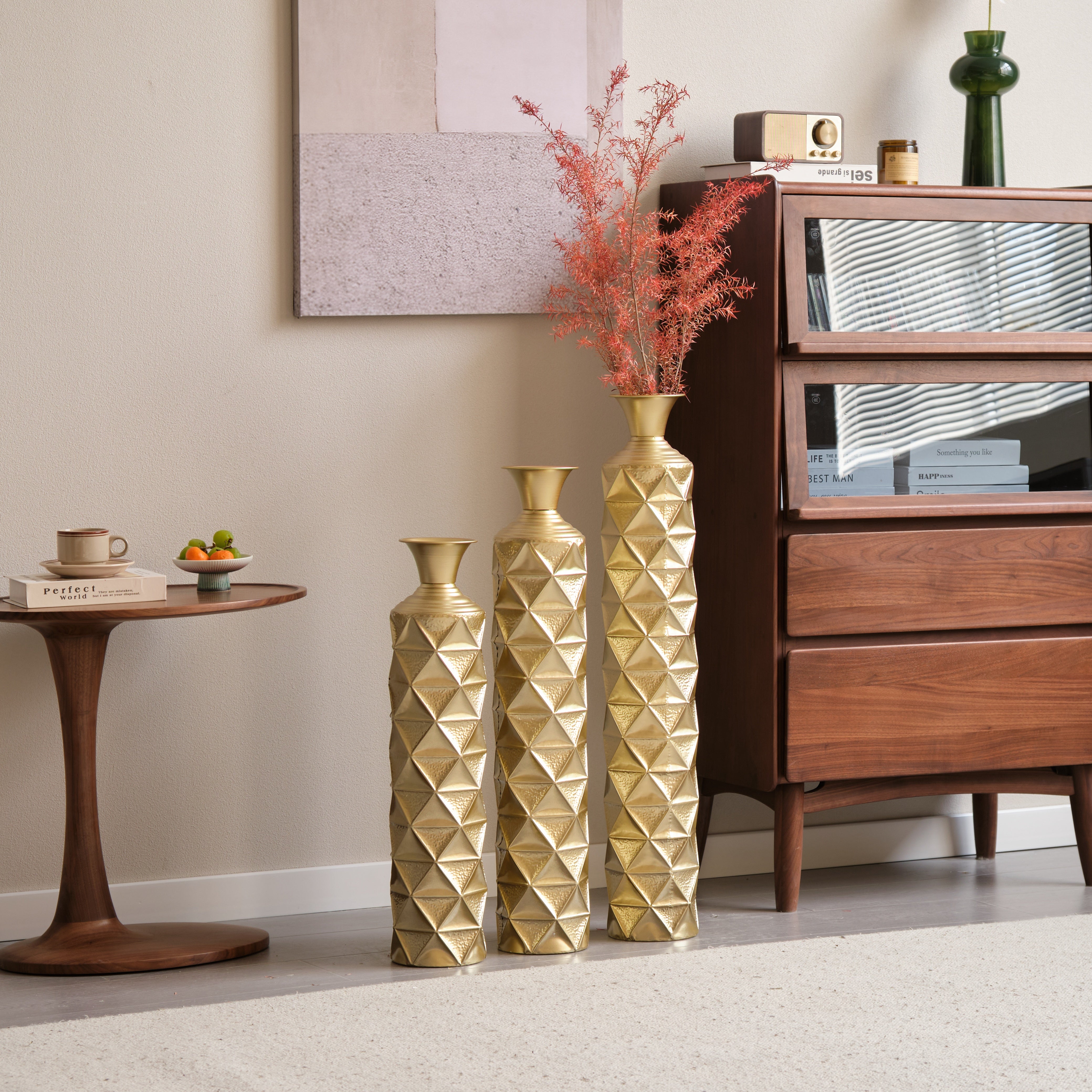 Orion Decorative Metal Vase Set of 3 with 3D Triangle Pattern