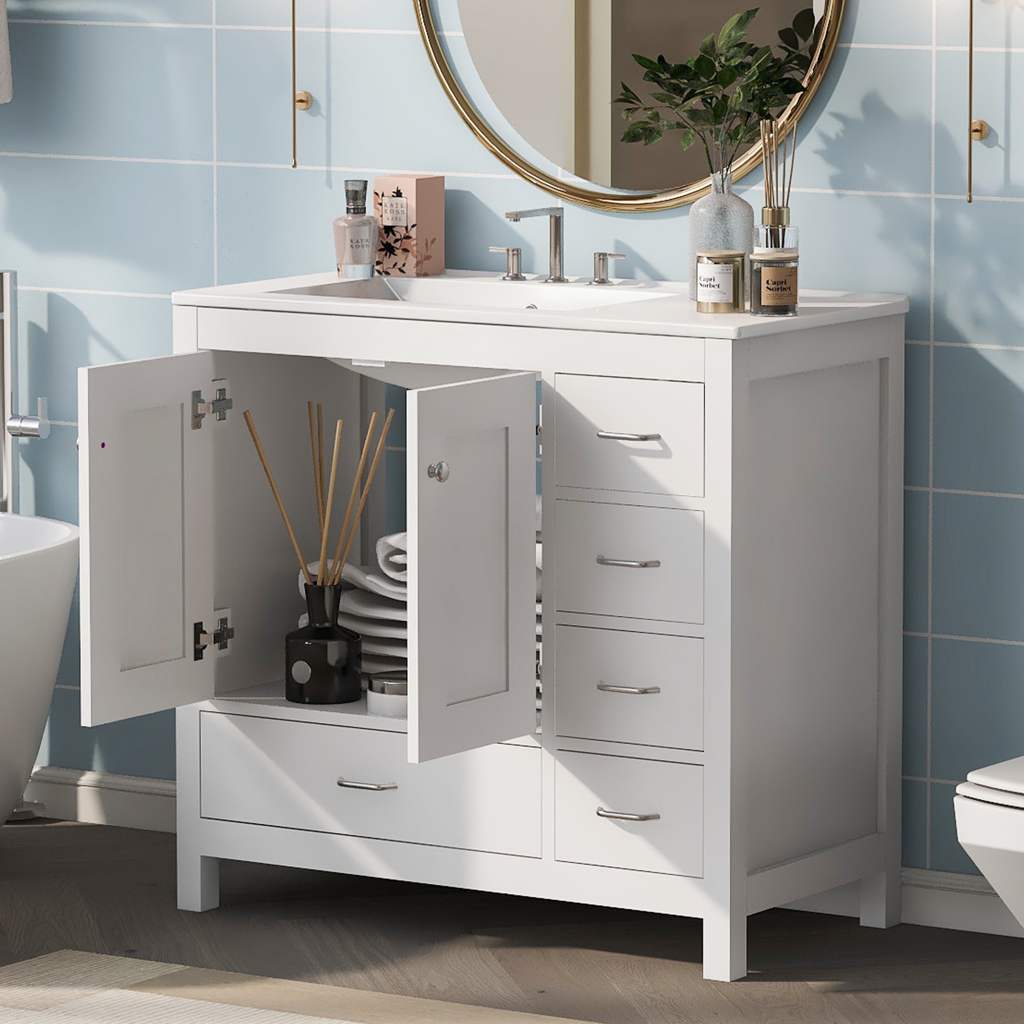 Saratoga 36" Freestanding Bathroom Vanity with Sink Top, 2 Doors and 5 Drawers