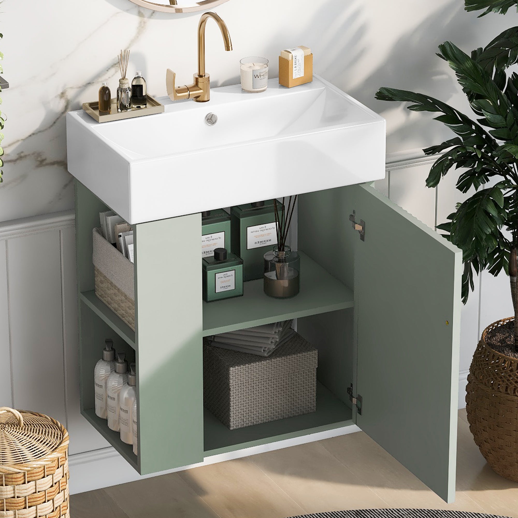 Ouray 21.6" Floating Bathroom Vanity with Ceramic Sink and Left-Side Open Shelves