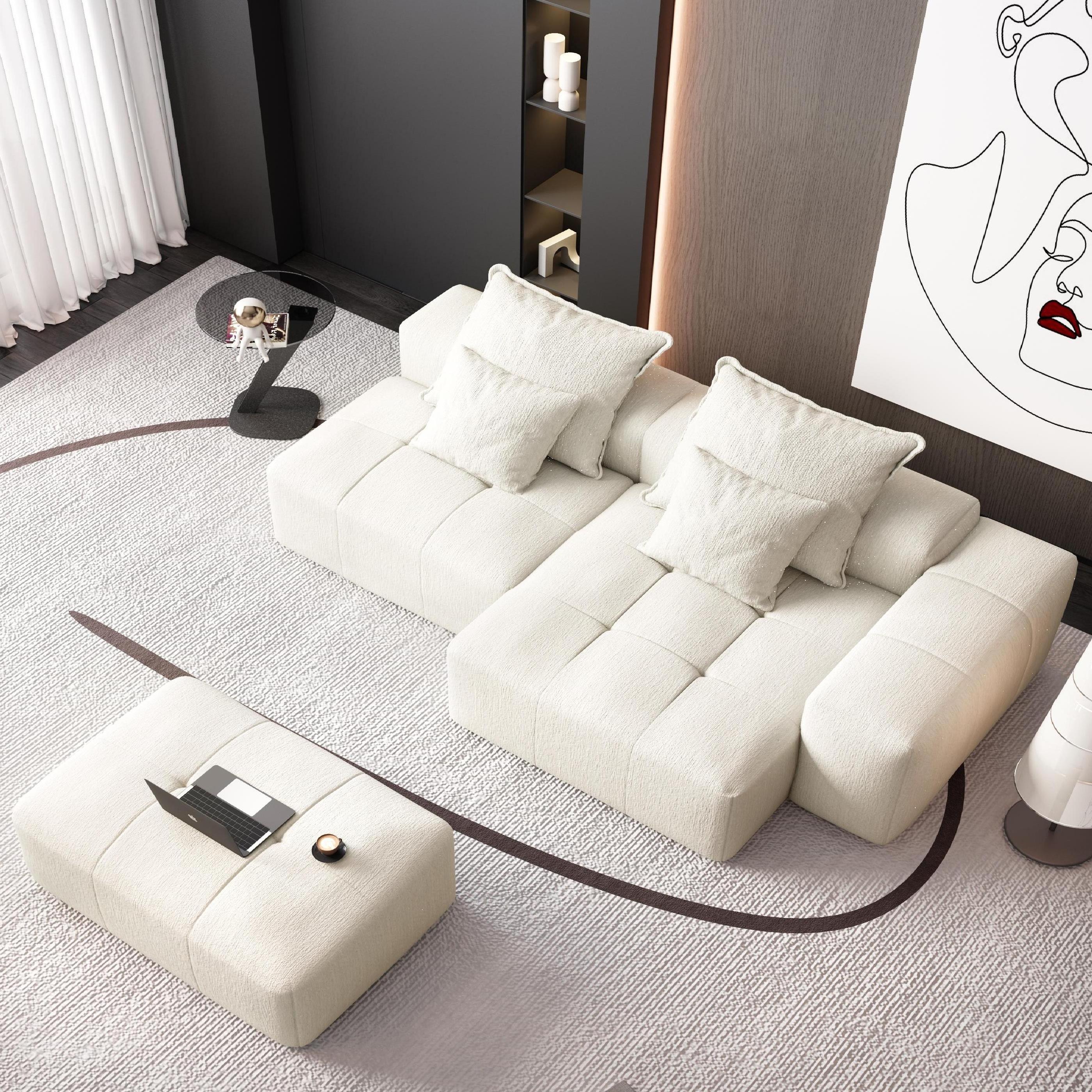 Denver 128" Modular Chenille Tufted Sectional Sofa with Ottoman and Chaise Lounge