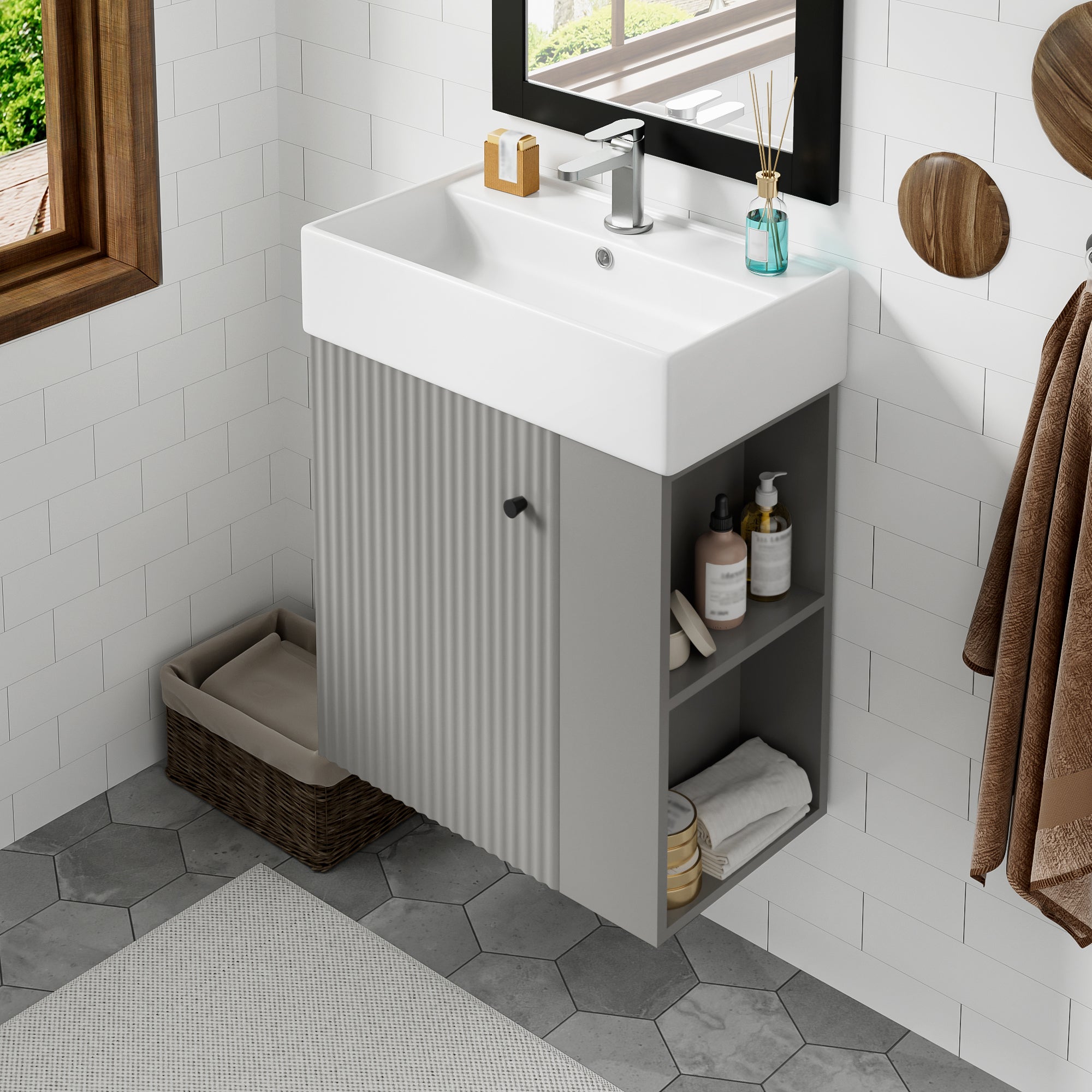 Ouray 21.6" Floating Bathroom Vanity with Ceramic Sink and Right-Side Open Shelves