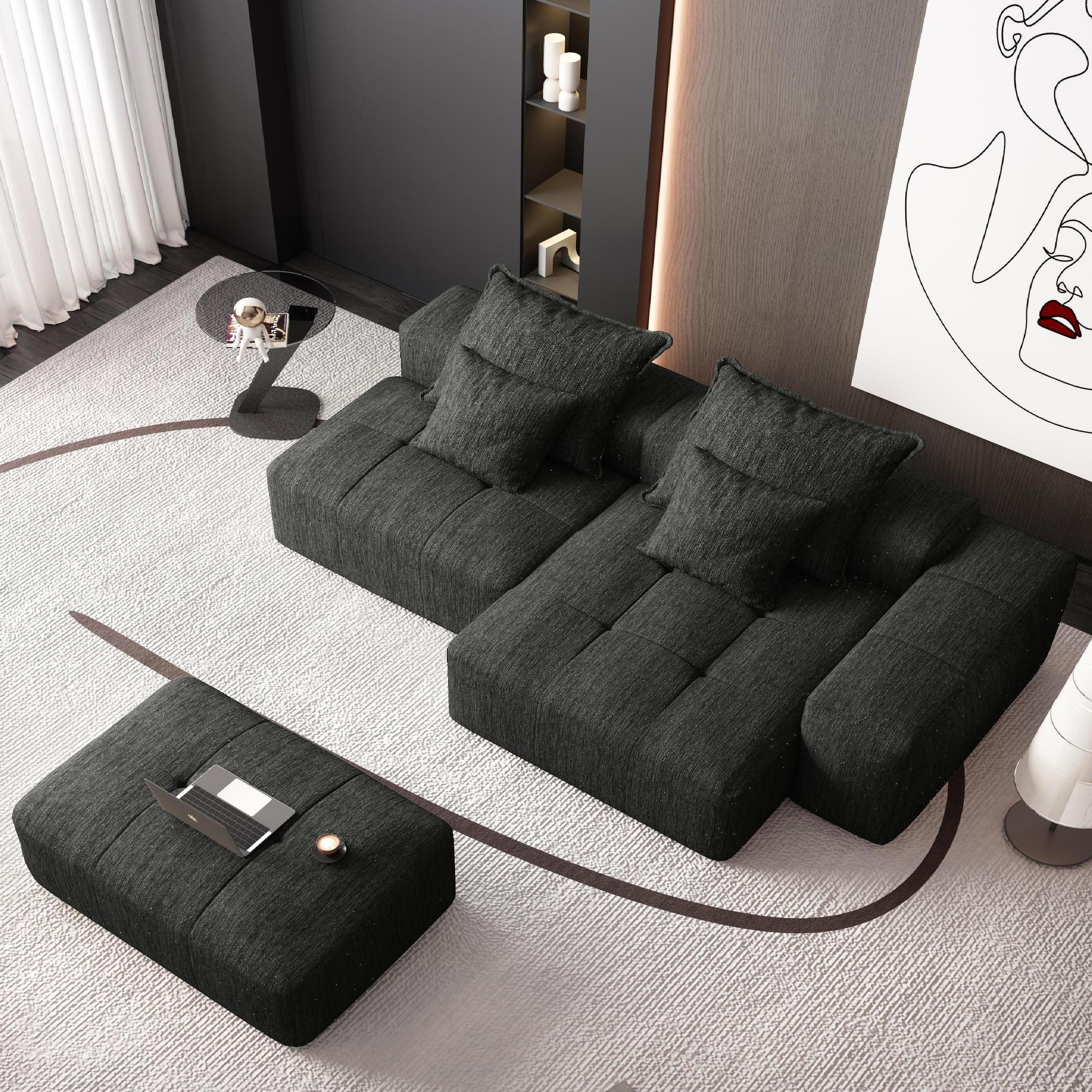 Denver 128" Modular Chenille Tufted Sectional Sofa with Ottoman and Chaise Lounge