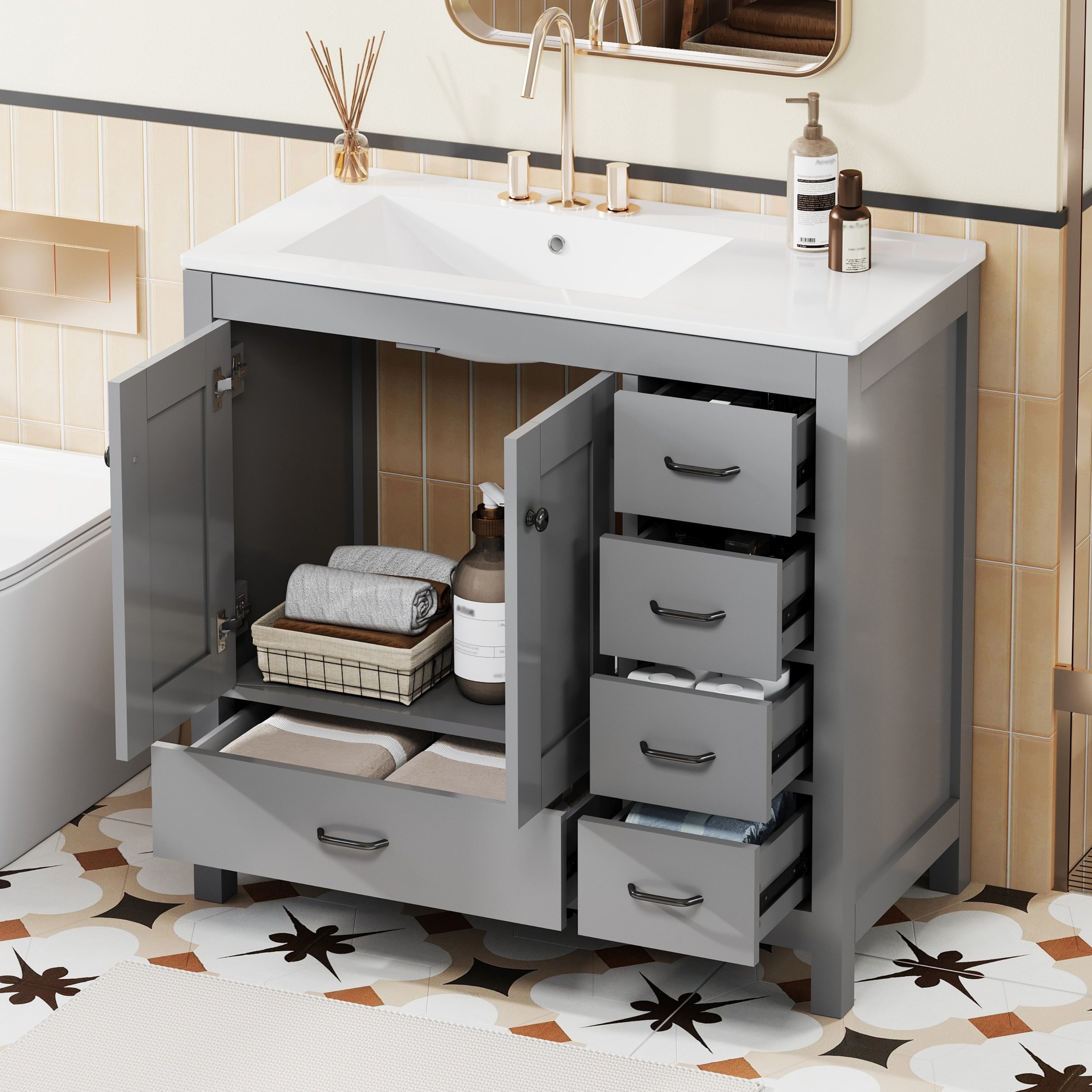 Saratoga 36" Freestanding Bathroom Vanity with Sink Top, 2 Doors and 5 Drawers