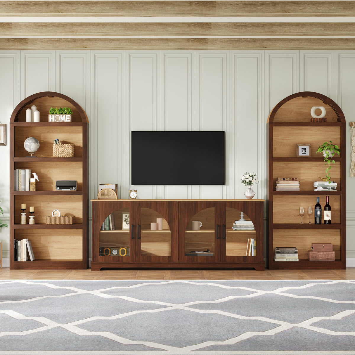 Spoleto 127" 3-Piece TV Stand Set with 2 Arched Bookcases