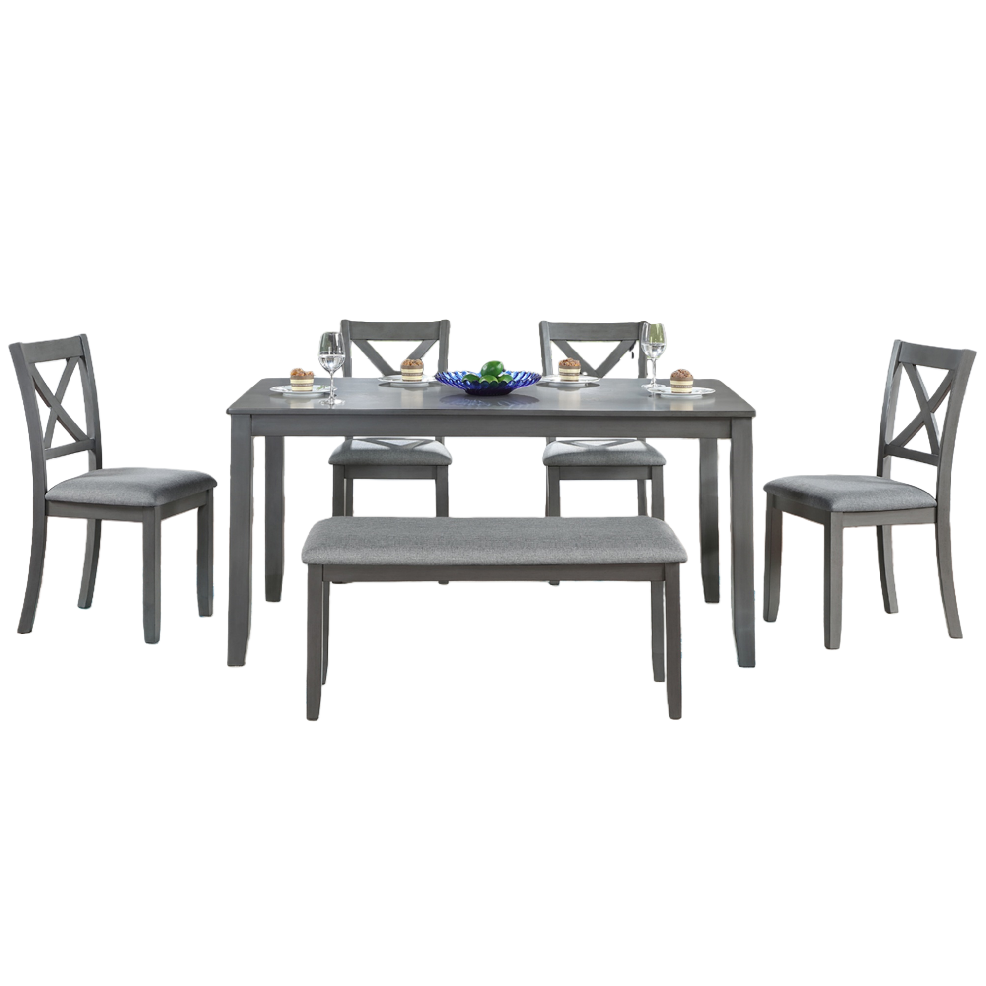 Baikal 6 Pieces 58.5" Rectangular Dining Table Set with 4 Upholstered Chairs and Bench, Gray