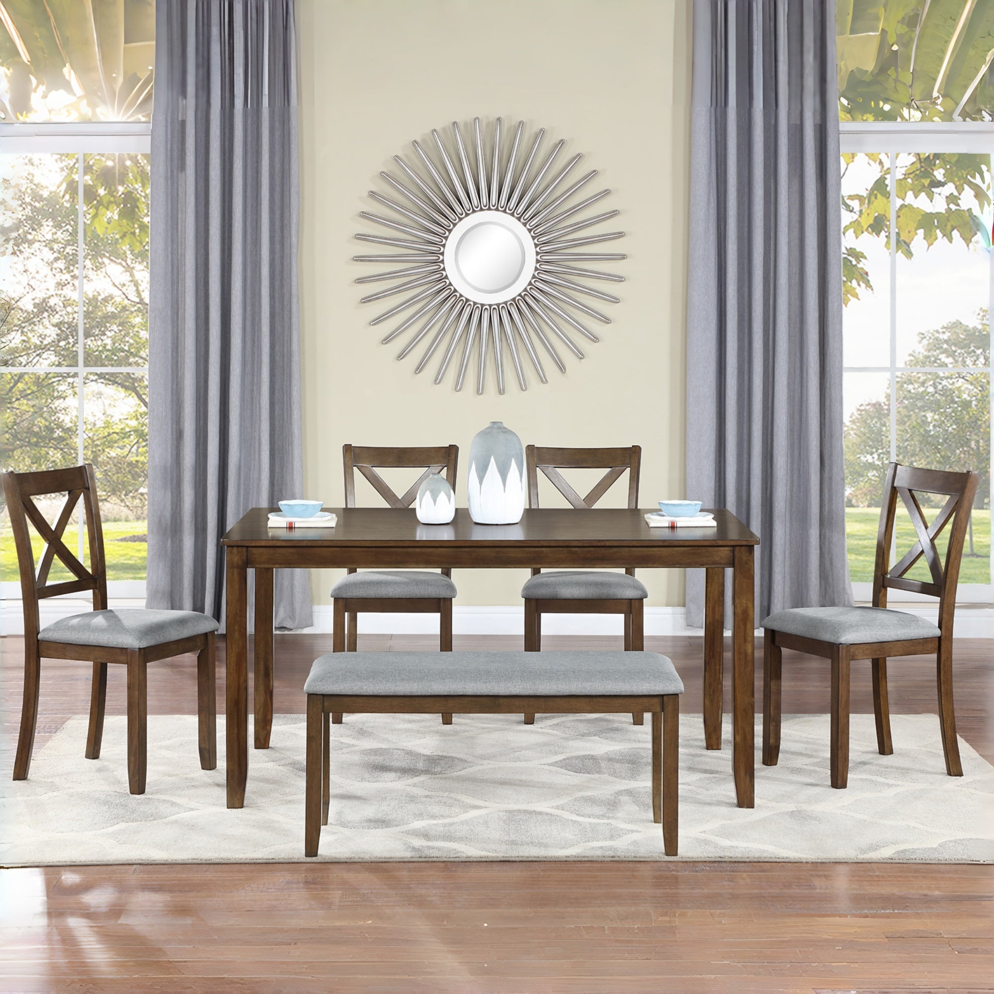 Baikal 6 Pieces 58.5" Rectangular Dining Table Set with 4 Upholstered Chairs and Bench, Walnut