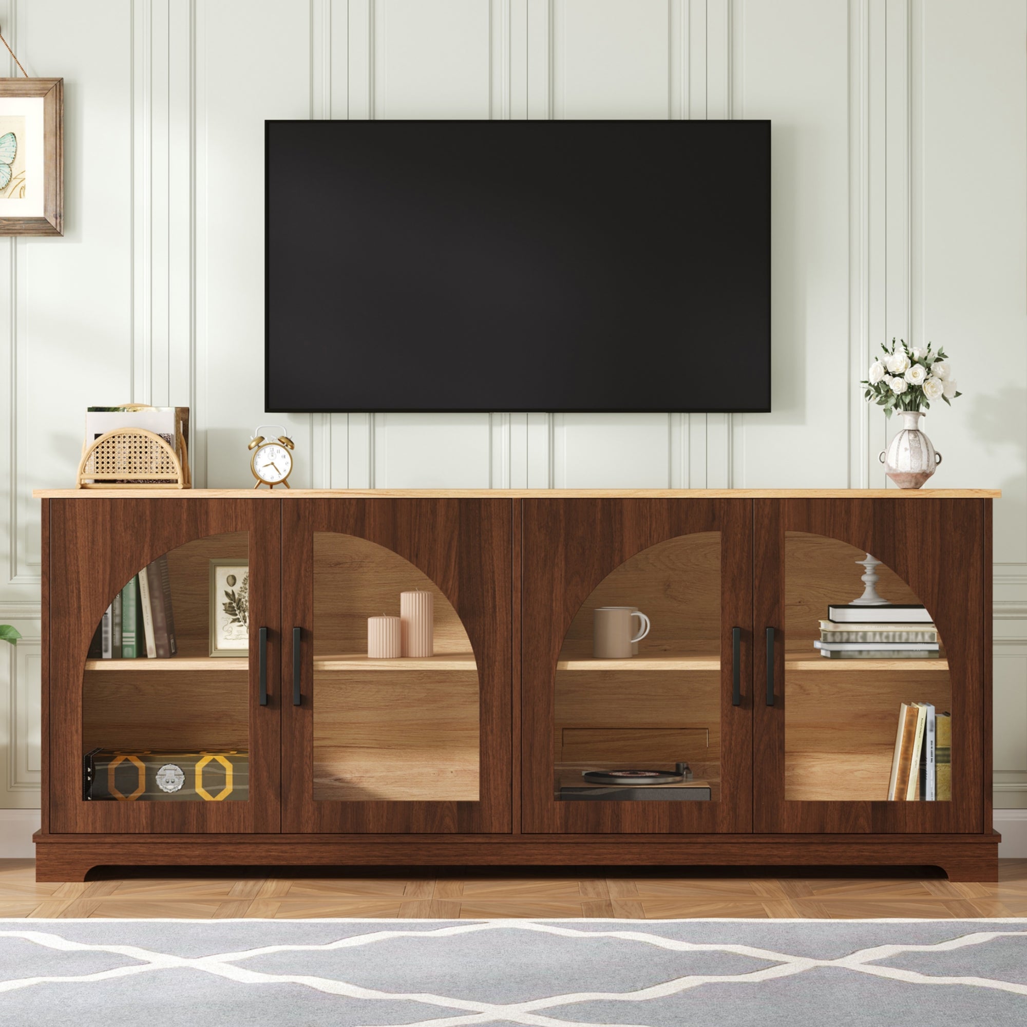 Spoleto 67" Arched Glass Door TV Stand Media Console with 4 Doors