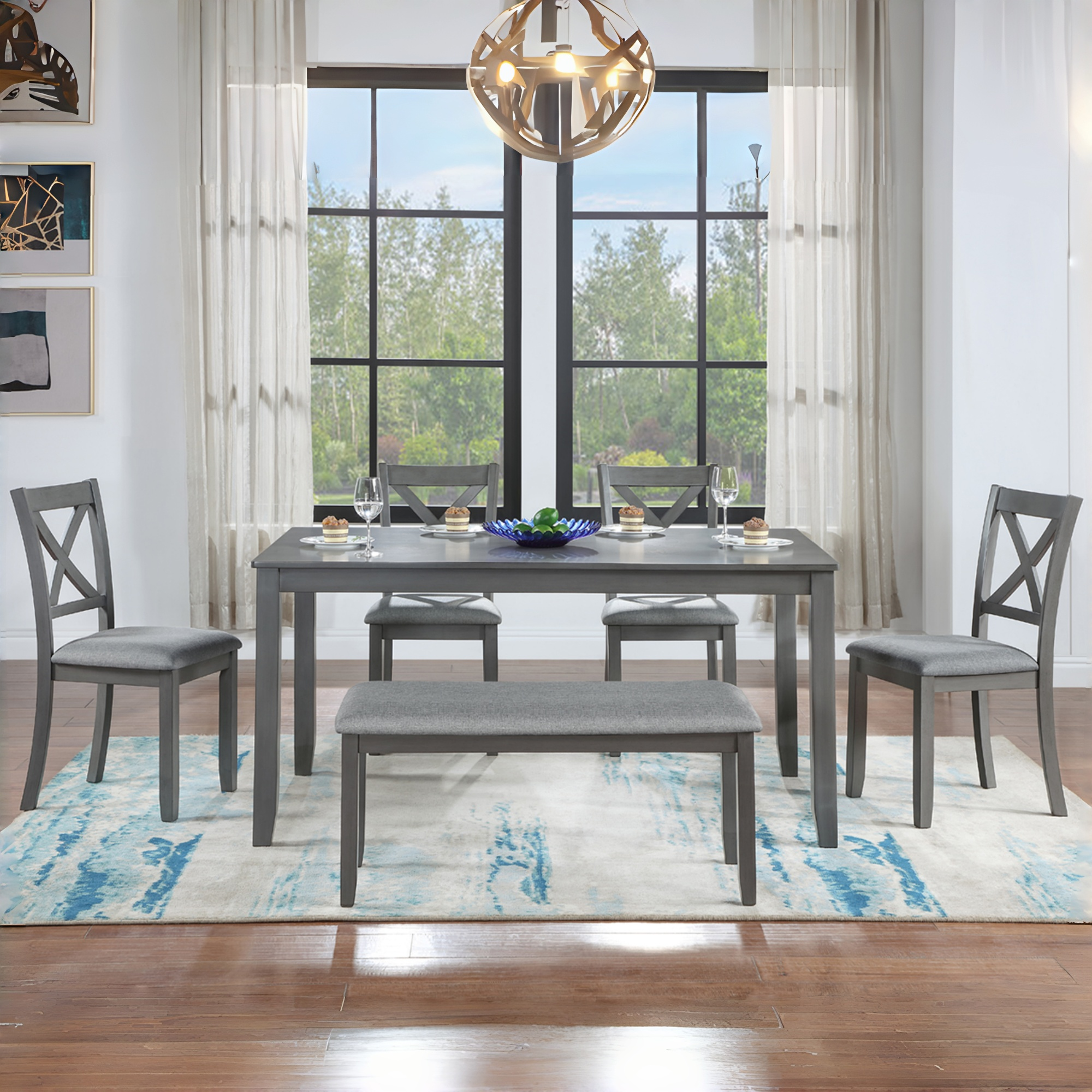 Baikal 6 Pieces 58.5" Rectangular Dining Table Set with 4 Upholstered Chairs and Bench, Gray