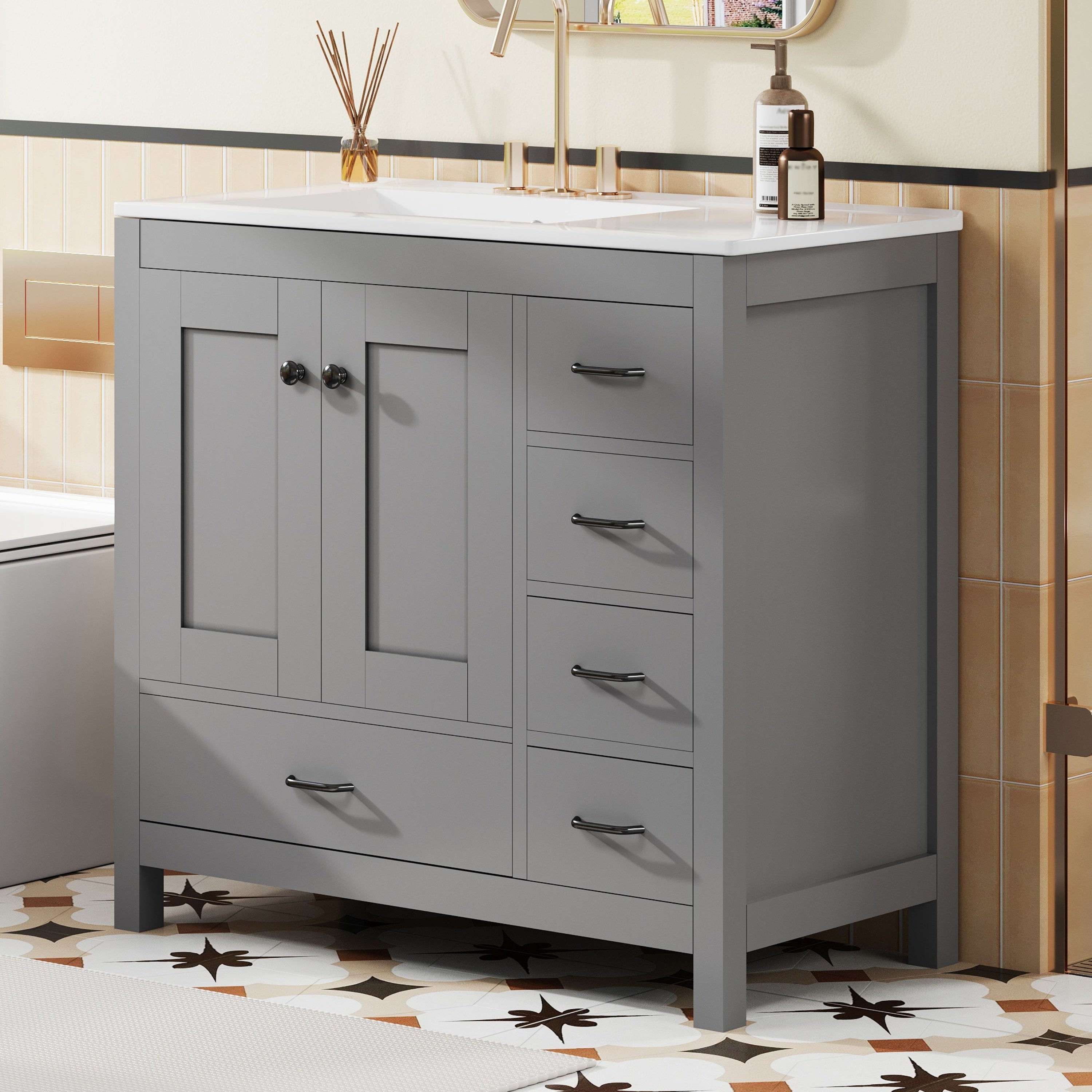 Saratoga 36" Freestanding Bathroom Vanity with Sink Top, 2 Doors and 5 Drawers
