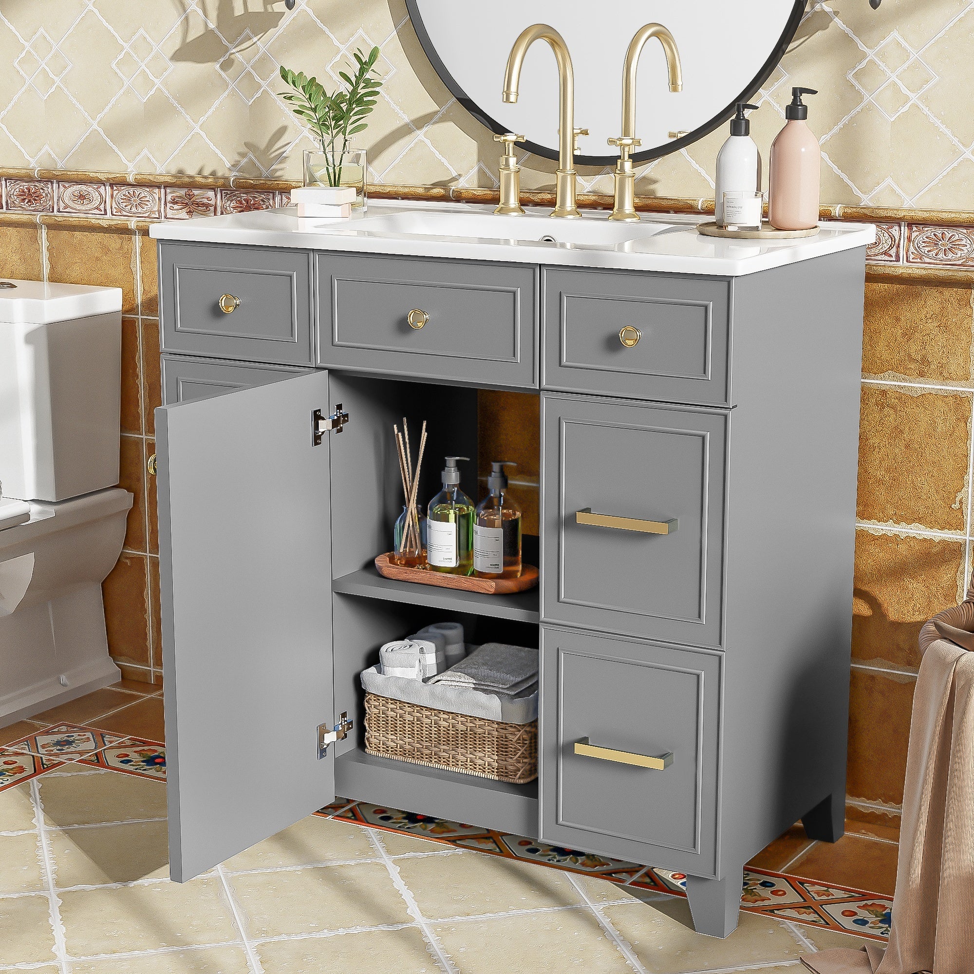 Pagosa 36" Bathroom Vanity with Sink, 3 Drawers and Pull-Out Storage