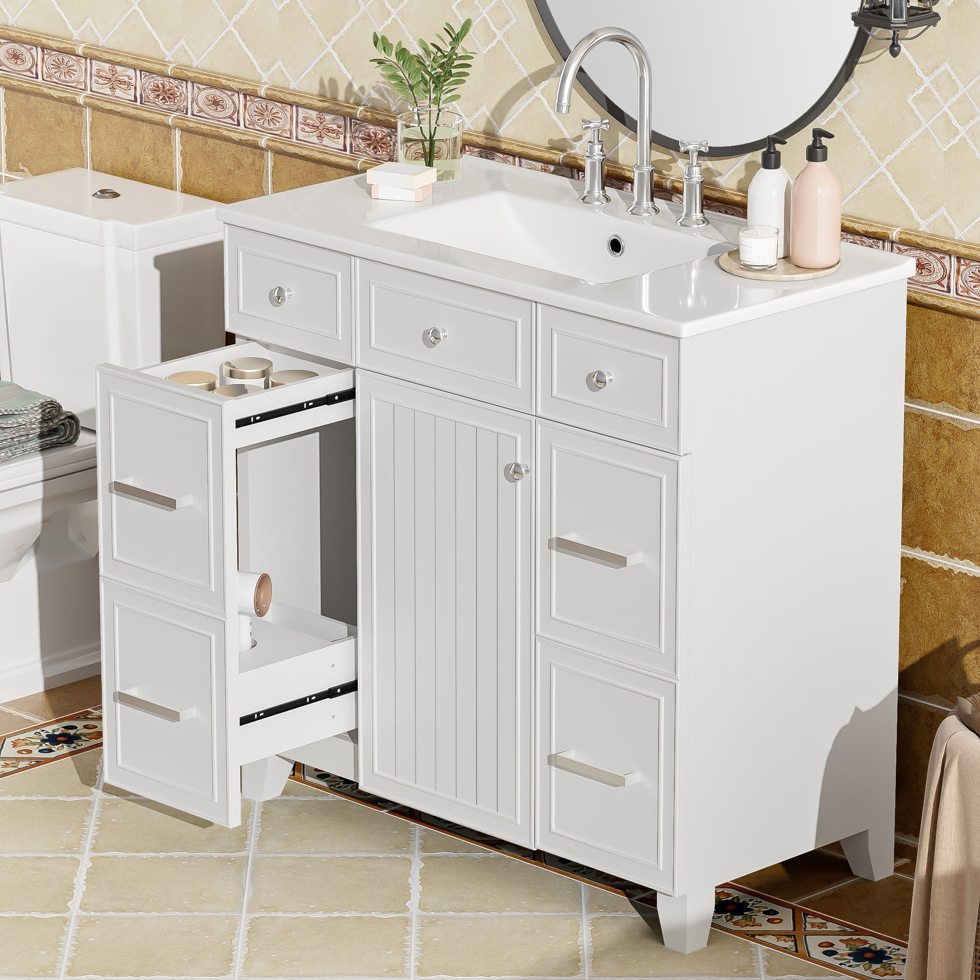 Pagosa 36" Bathroom Vanity with Sink, 3 Drawers and Pull-Out Storage