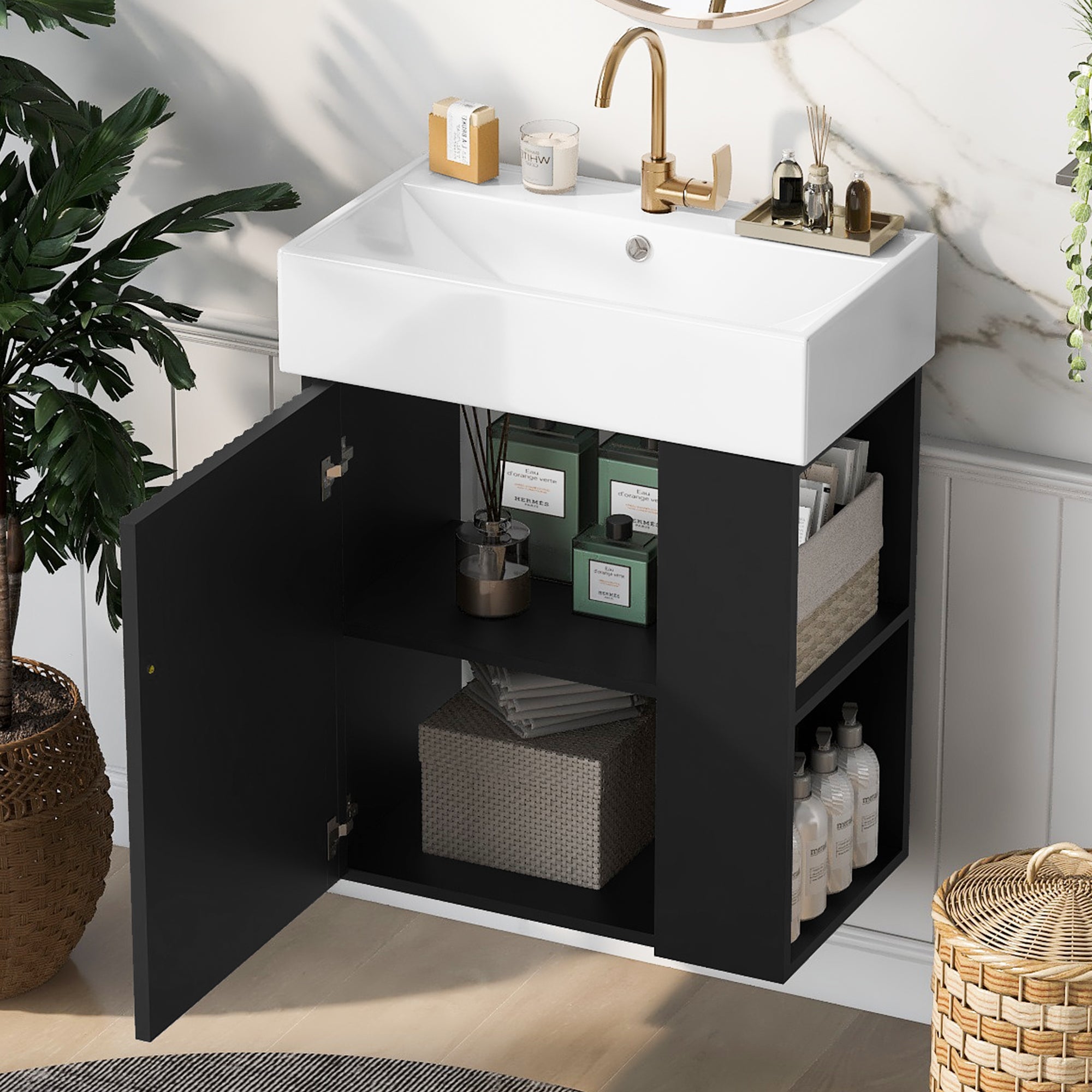 Ouray 21.6" Floating Bathroom Vanity with Ceramic Sink and Right-Side Open Shelves