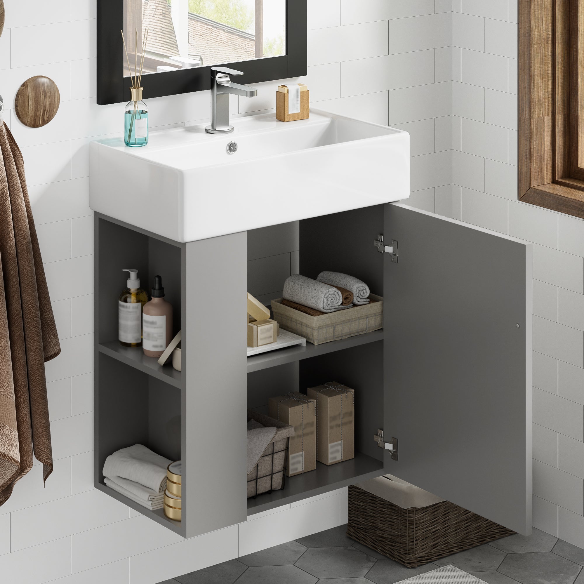 Ouray 21.6" Floating Bathroom Vanity with Ceramic Sink and Left-Side Open Shelves
