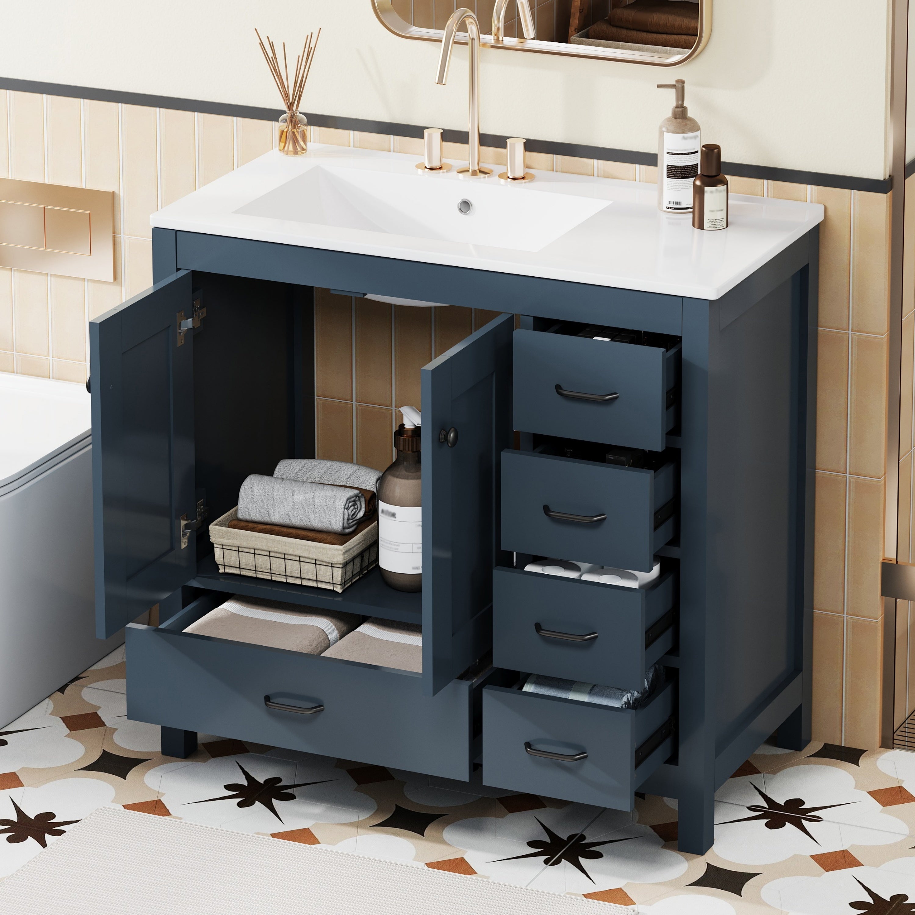 Saratoga 36" Freestanding Bathroom Vanity with Sink Top, 2 Doors and 5 Drawers