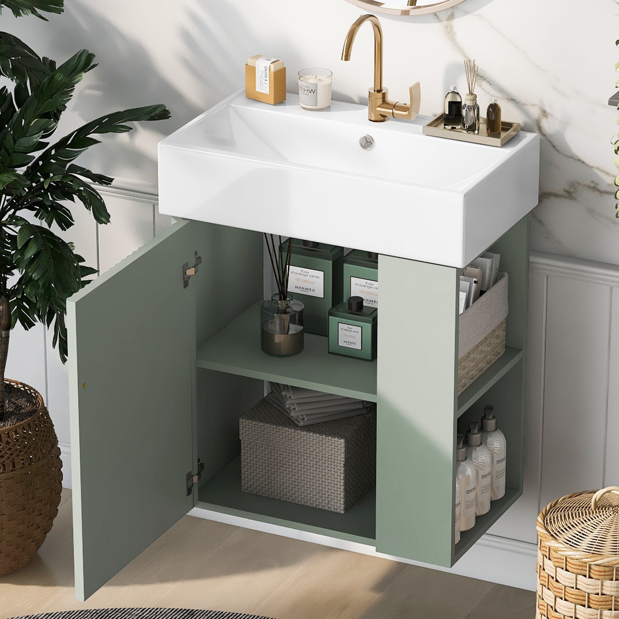 Ouray 21.6" Floating Bathroom Vanity with Ceramic Sink and Right-Side Open Shelves