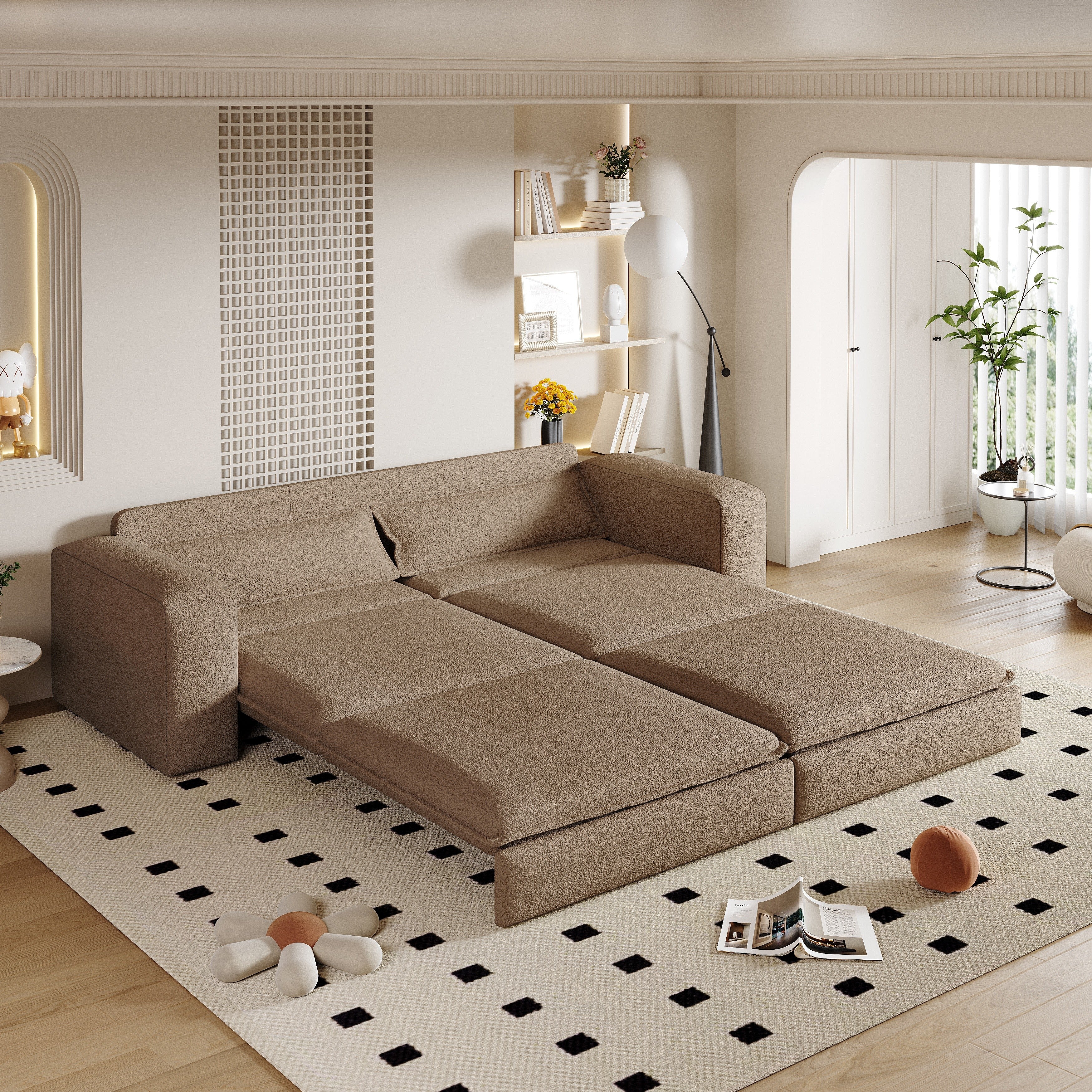 Cary 93" King Size Teddy Convertible Pull-Out Sleeper Sofa Bed with Chaise Lounge and Lumbar Pillows