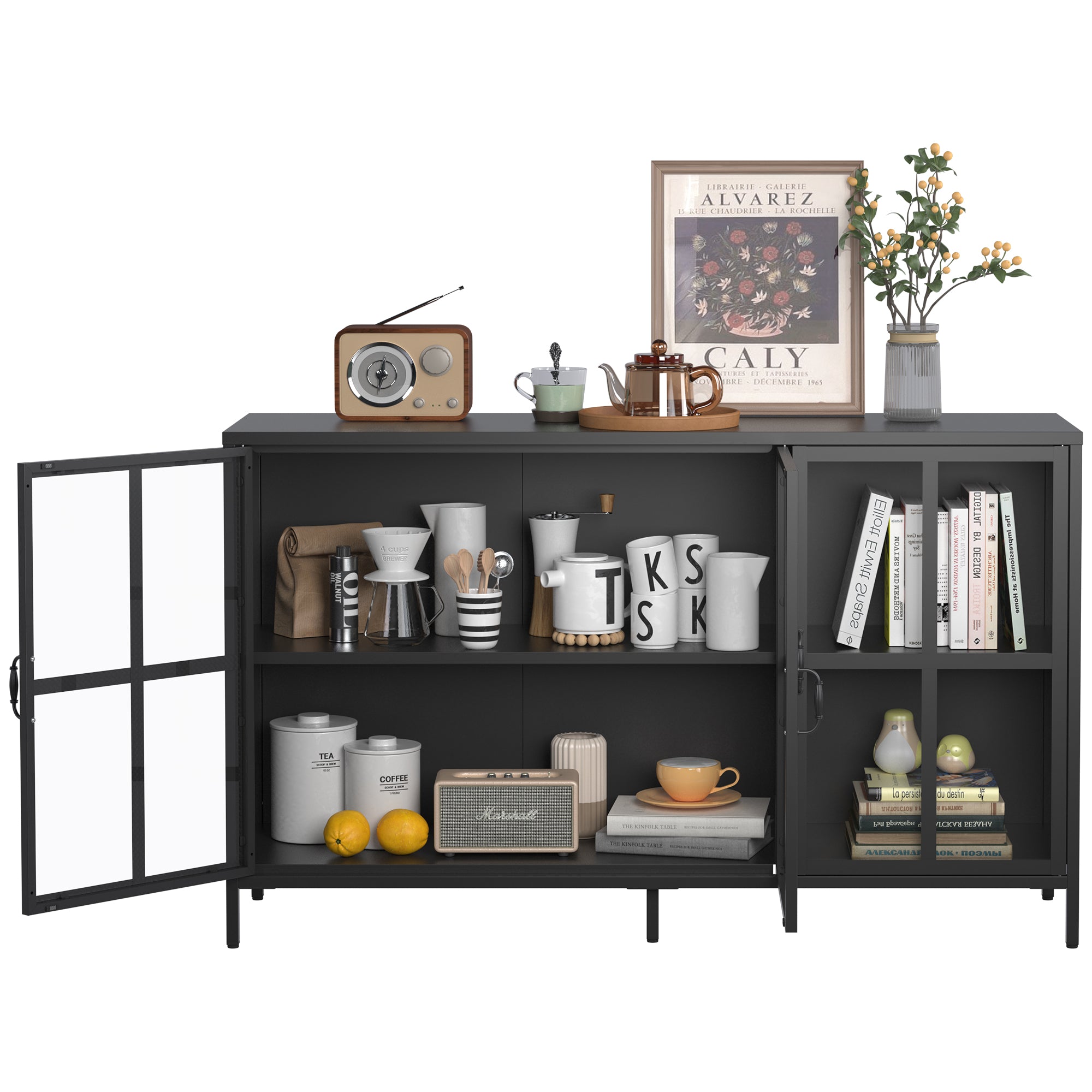 Andes Glass Doors Sideboard Storage Cabinet, Black