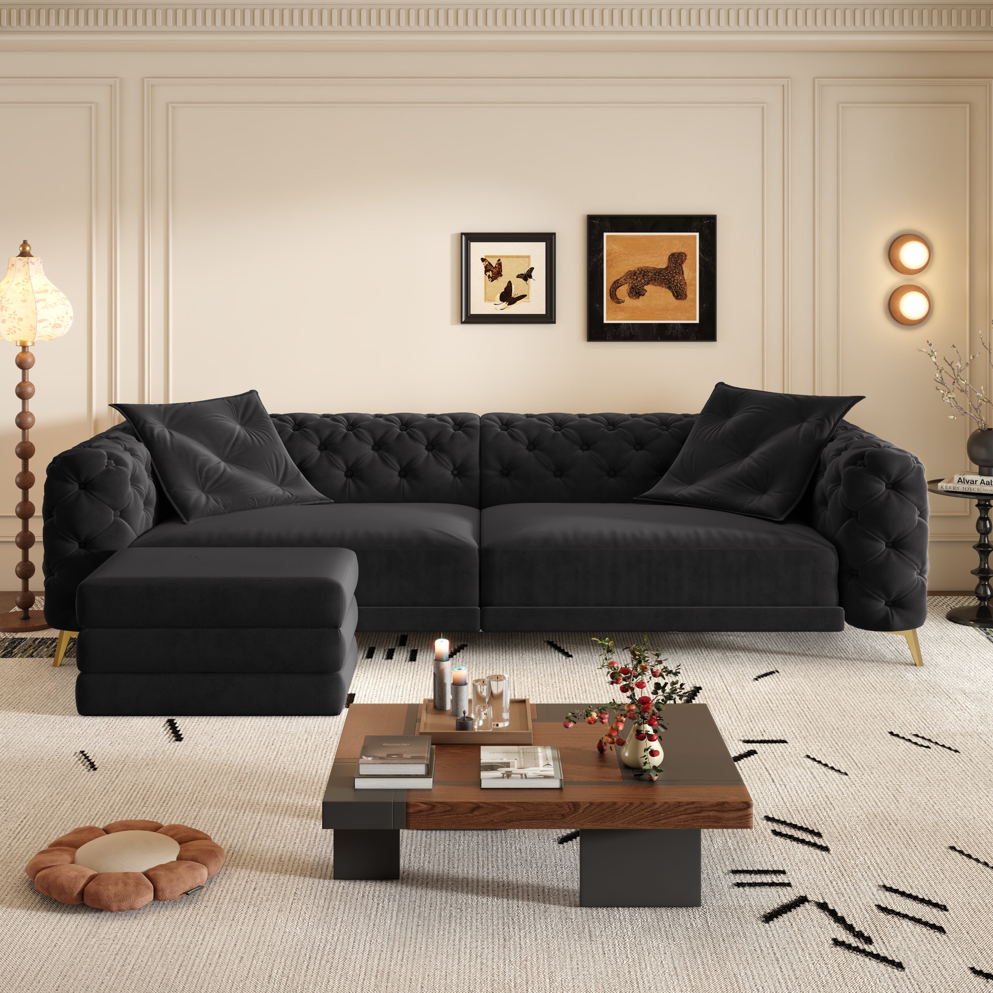 Allentown 98" Velvet Button Tufted 4-Seater Sleeper Sofa Bed with Movable Ottoman